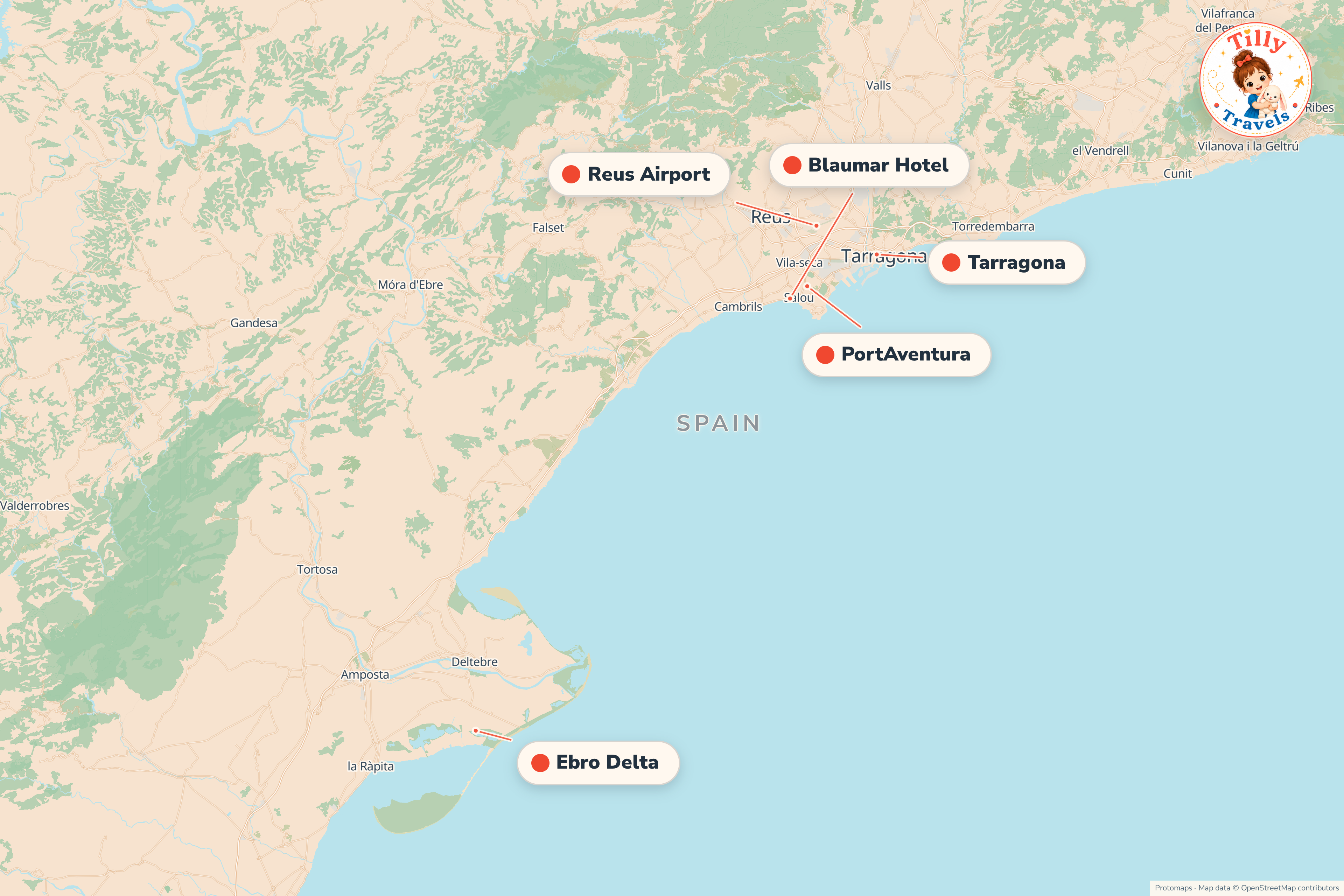 Map of the area around Blaumar Hotel, showing the resort, the nearest airport and the main family days out