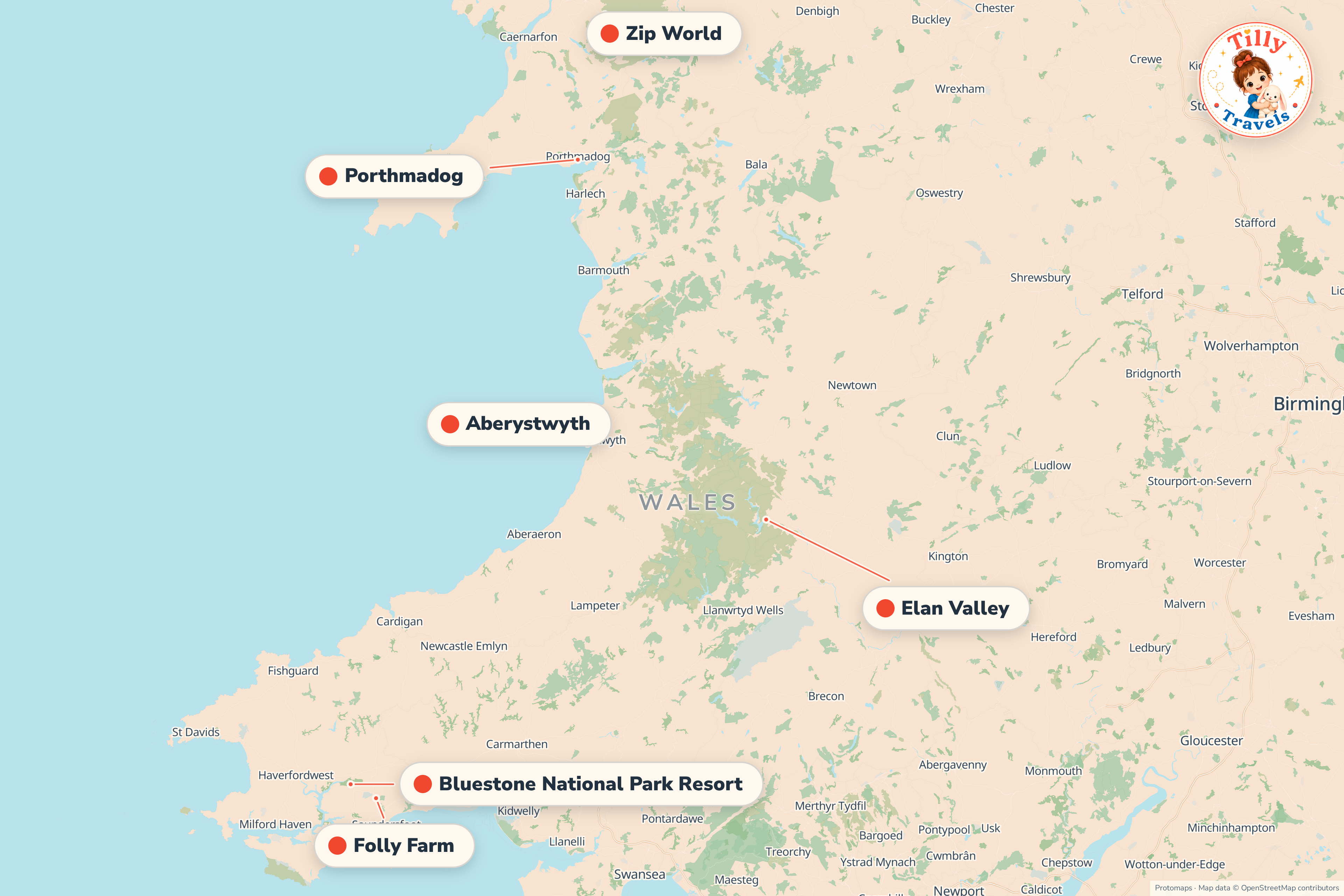 Map of the area around Bluestone National Park Resort, showing the resort, the nearest airport and the main family days out