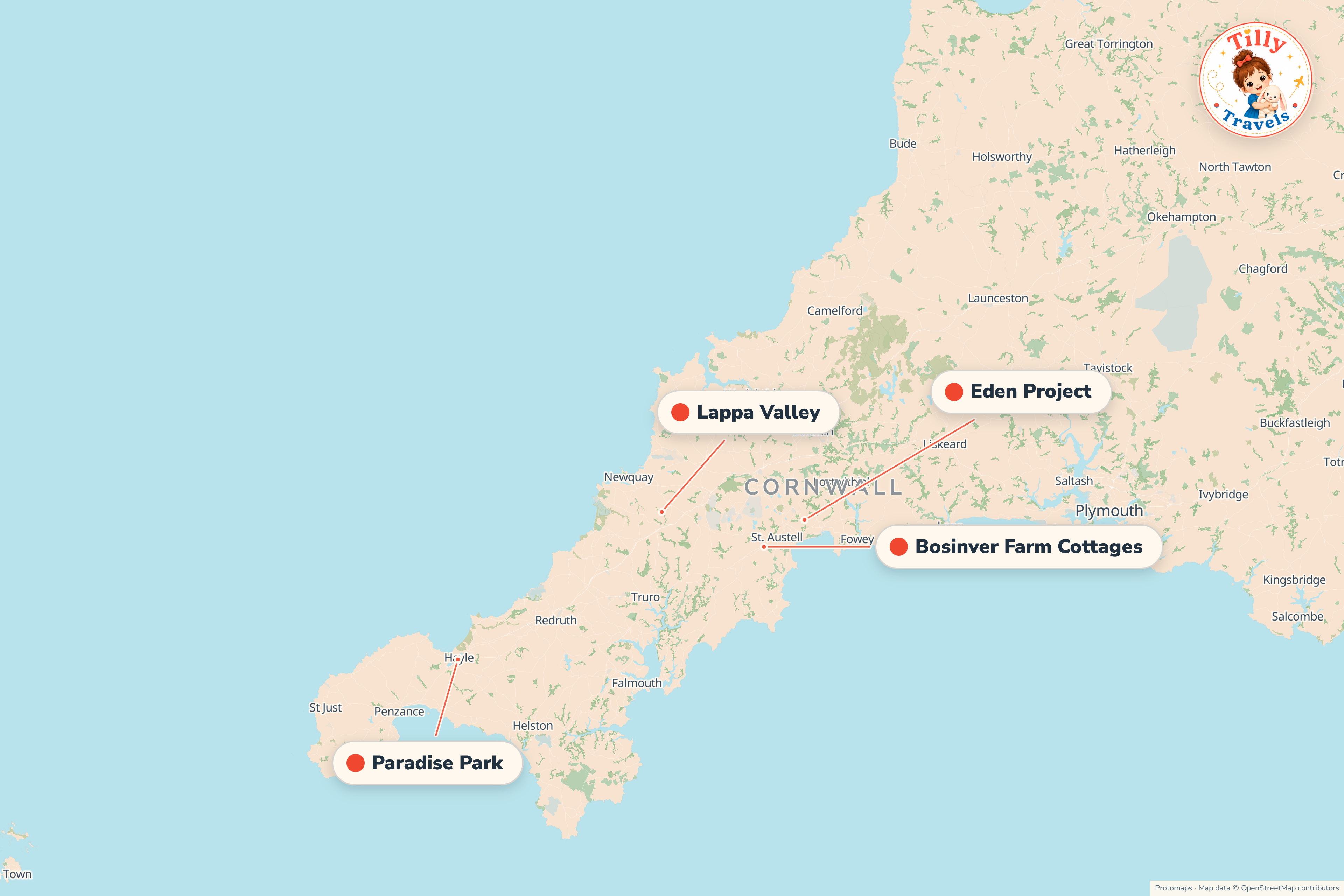 Map of the area around Bosinver Farm Cottages, showing the resort, the nearest airport and the main family days out
