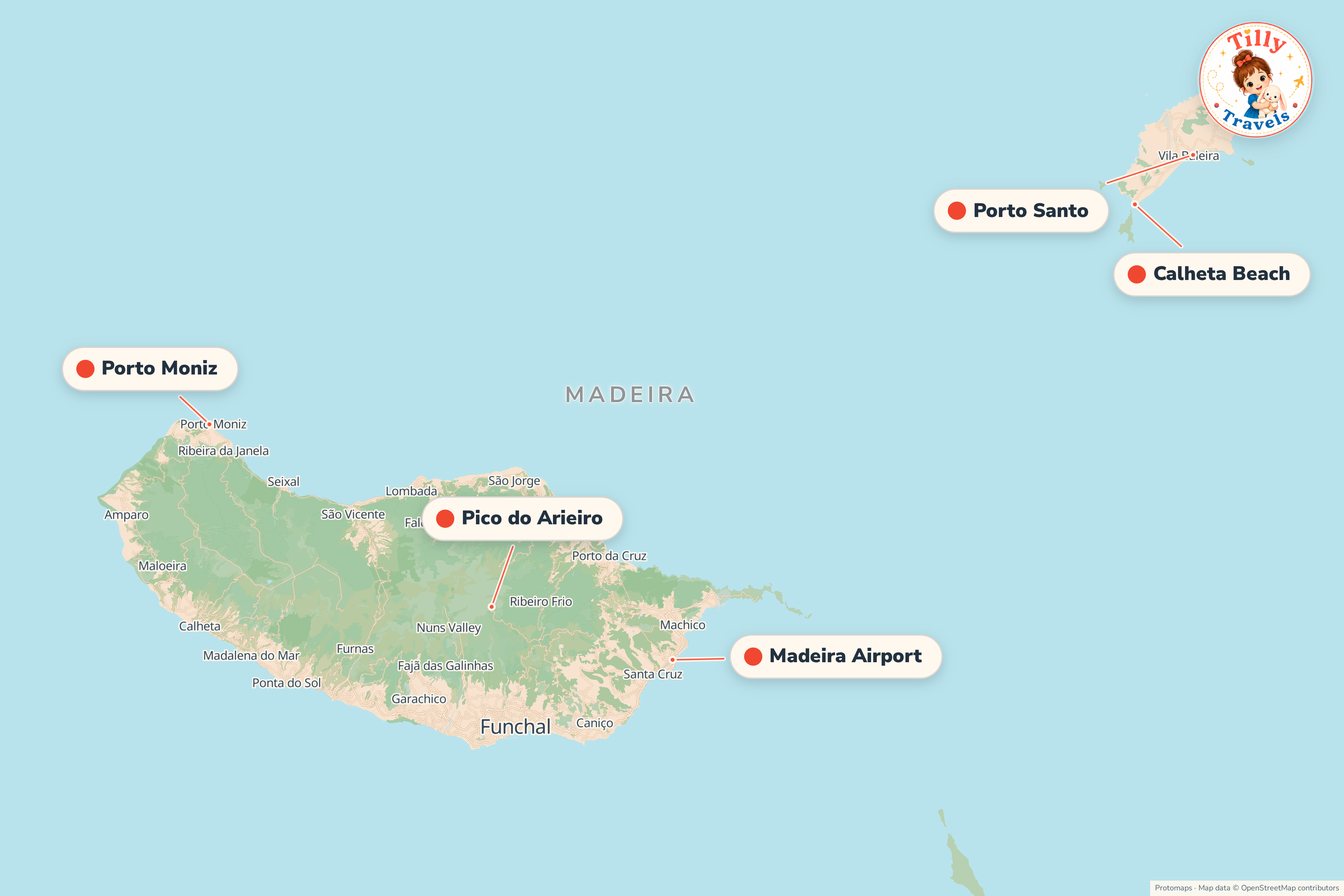 Map of the area around Calheta Beach, showing the resort, the nearest airport and the main family days out