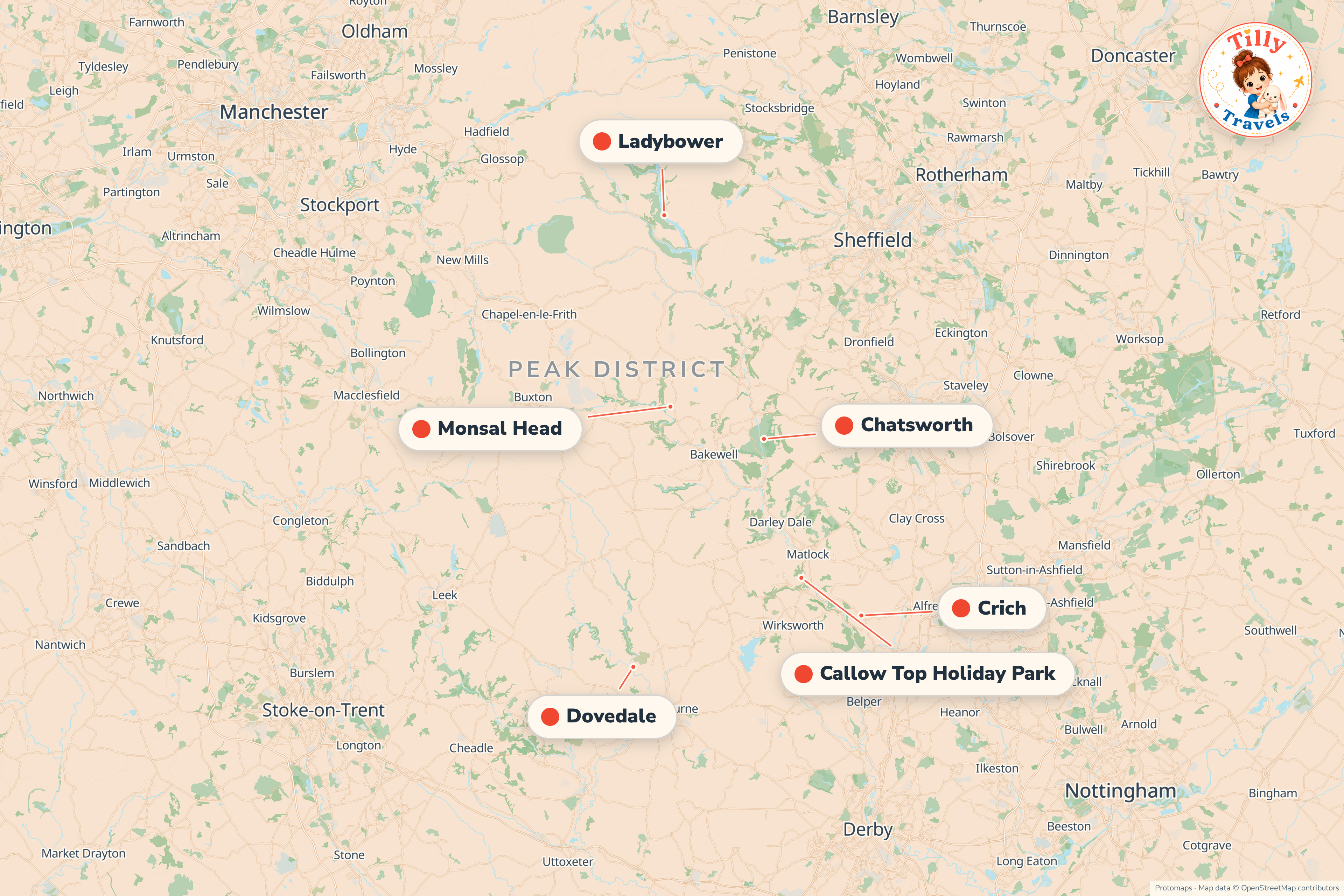 Map of the area around Callow Top Holiday Park, showing the resort, the nearest airport and the main family days out