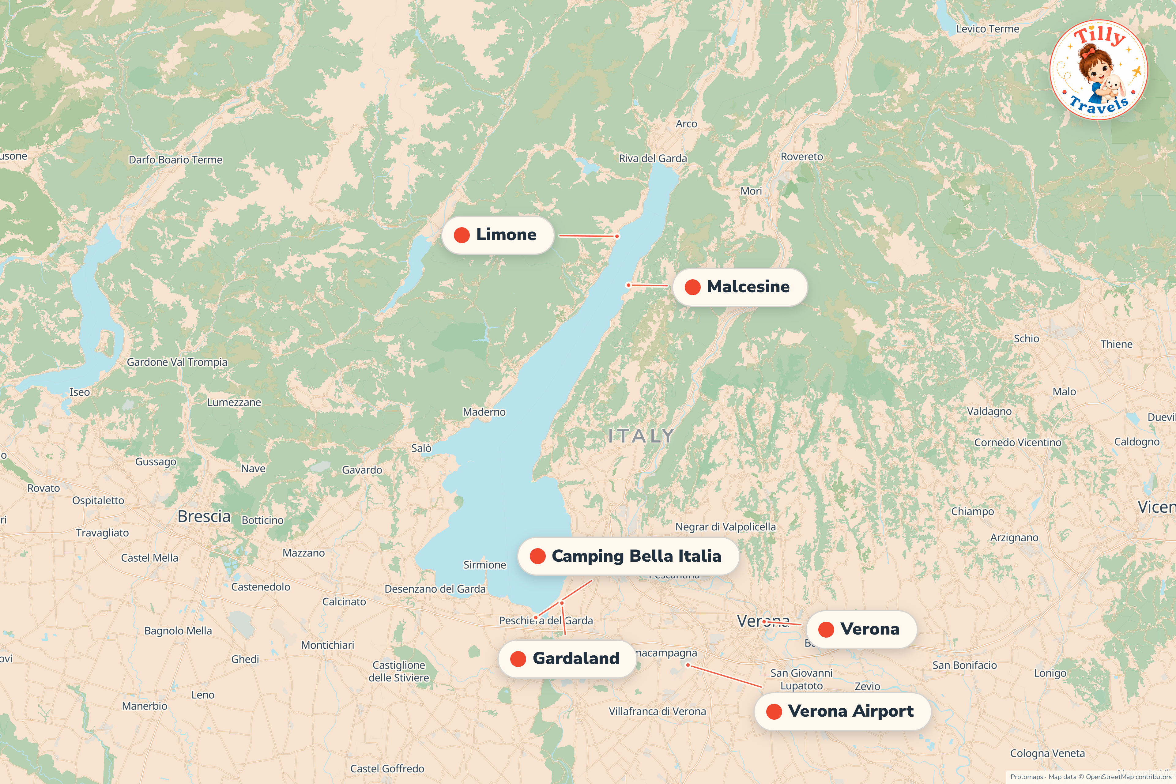 Map of the area around Camping Bella Italia, showing the resort, the nearest airport and the main family days out