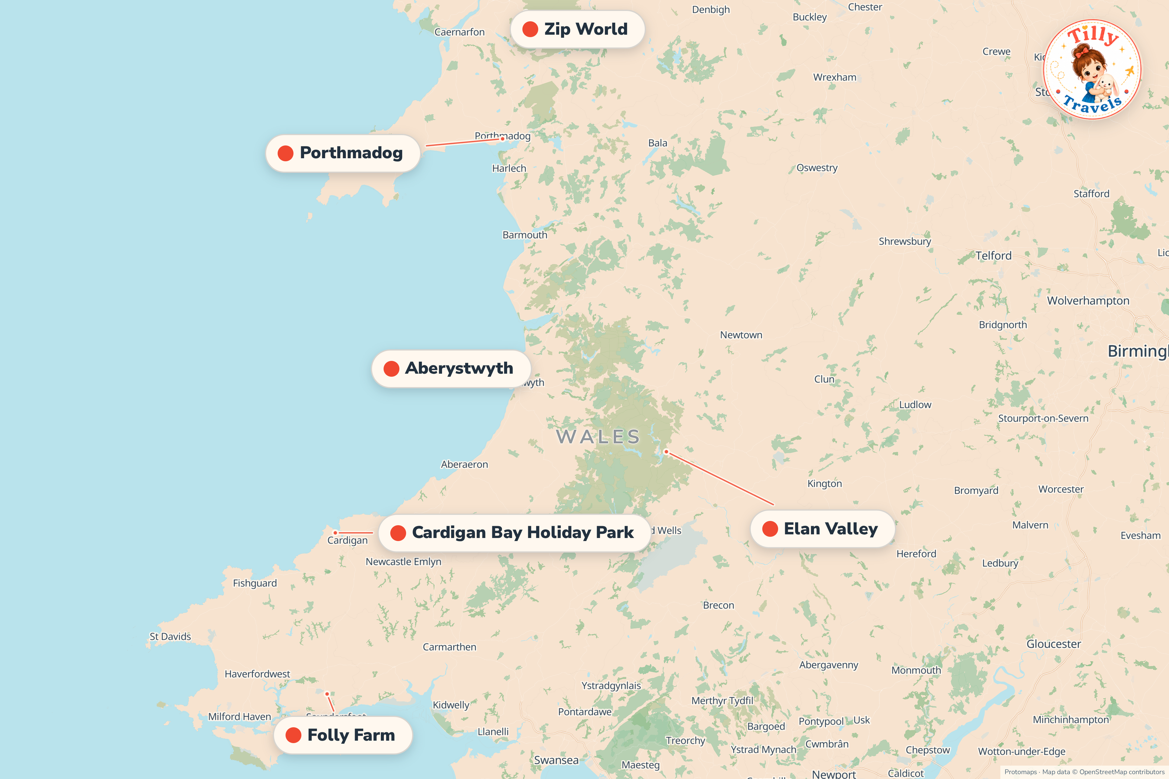 Map of the area around Cardigan Bay Holiday Park, showing the resort, the nearest airport and the main family days out