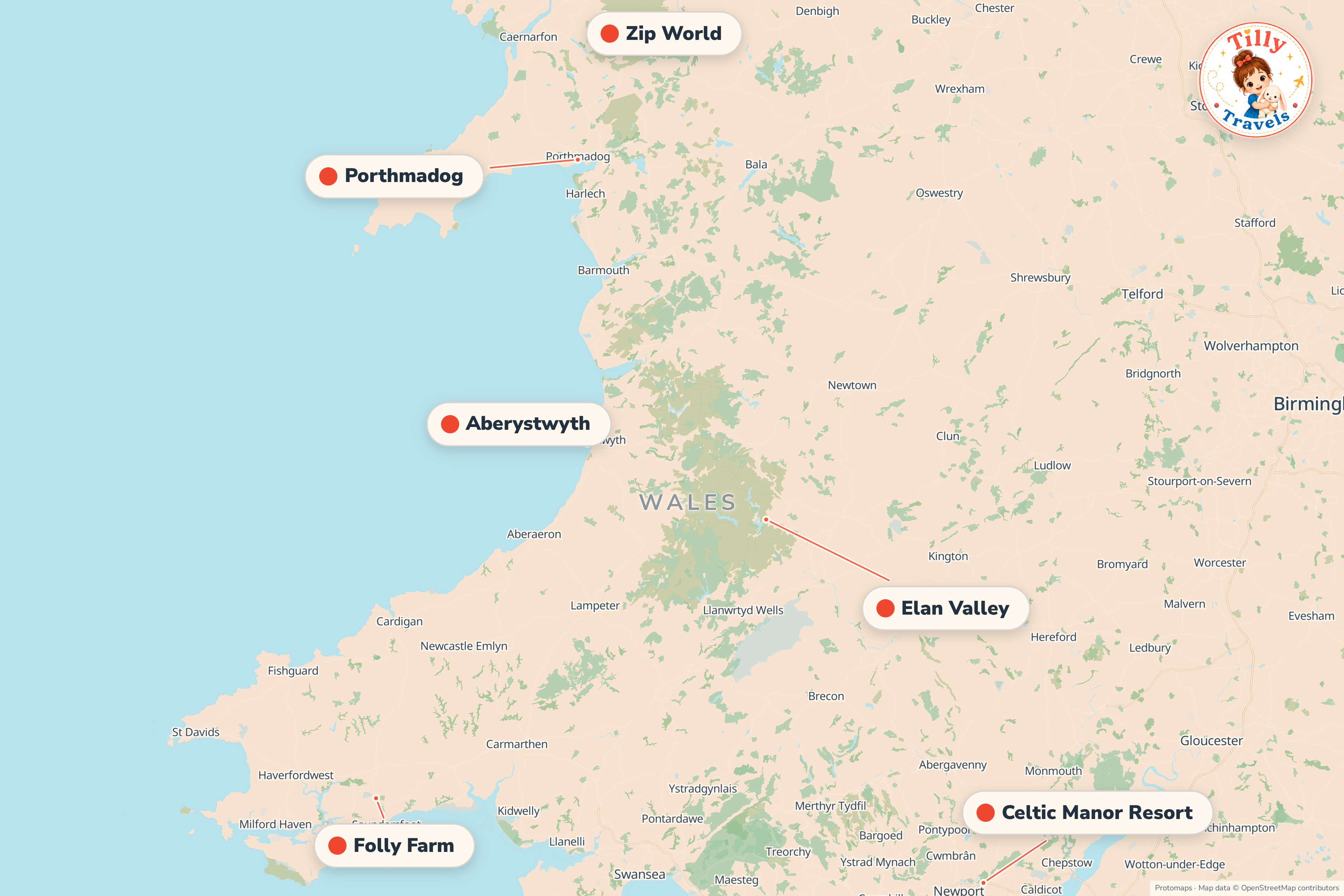 Map of the area around Celtic Manor Resort, showing the resort, the nearest airport and the main family days out