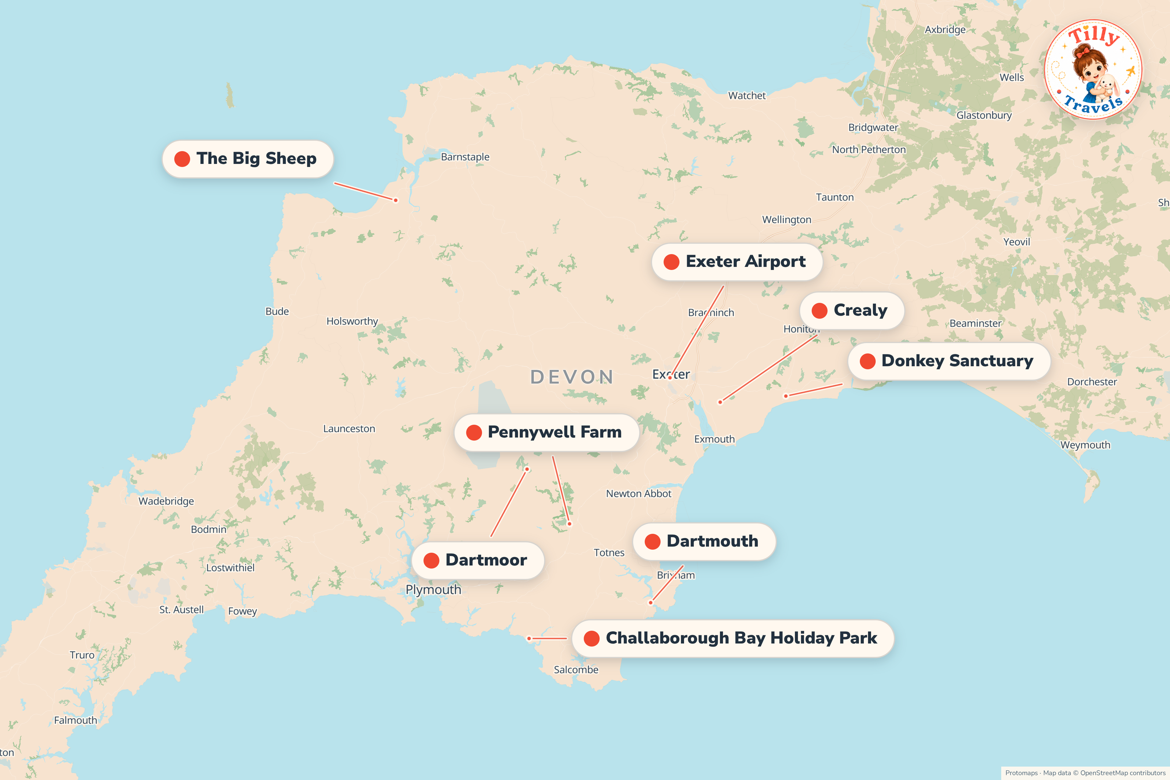 Map of the area around Challaborough Bay Holiday Park, showing the resort, the nearest airport and the main family days out