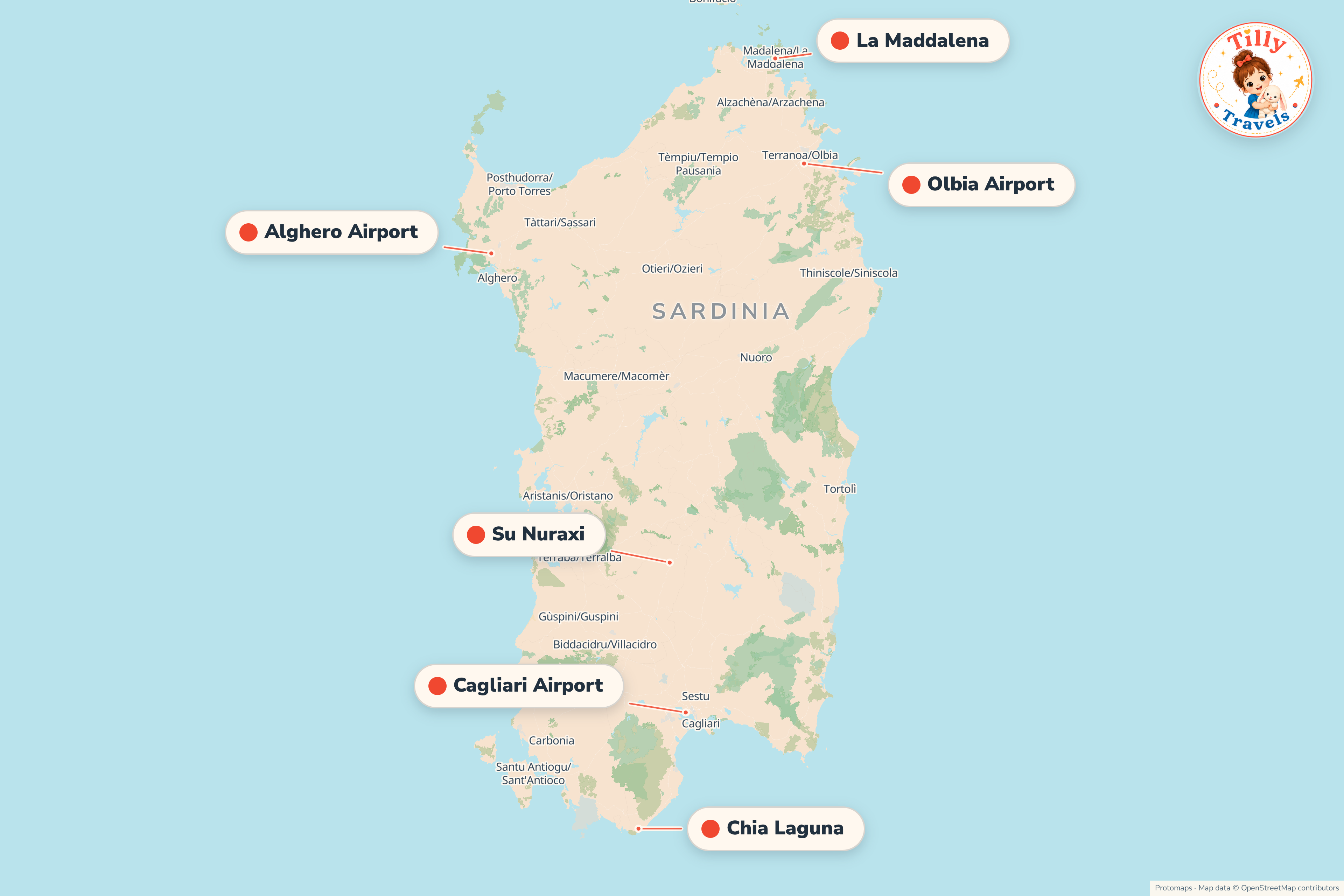 Map of the area around Chia Laguna, showing the resort, the nearest airport and the main family days out