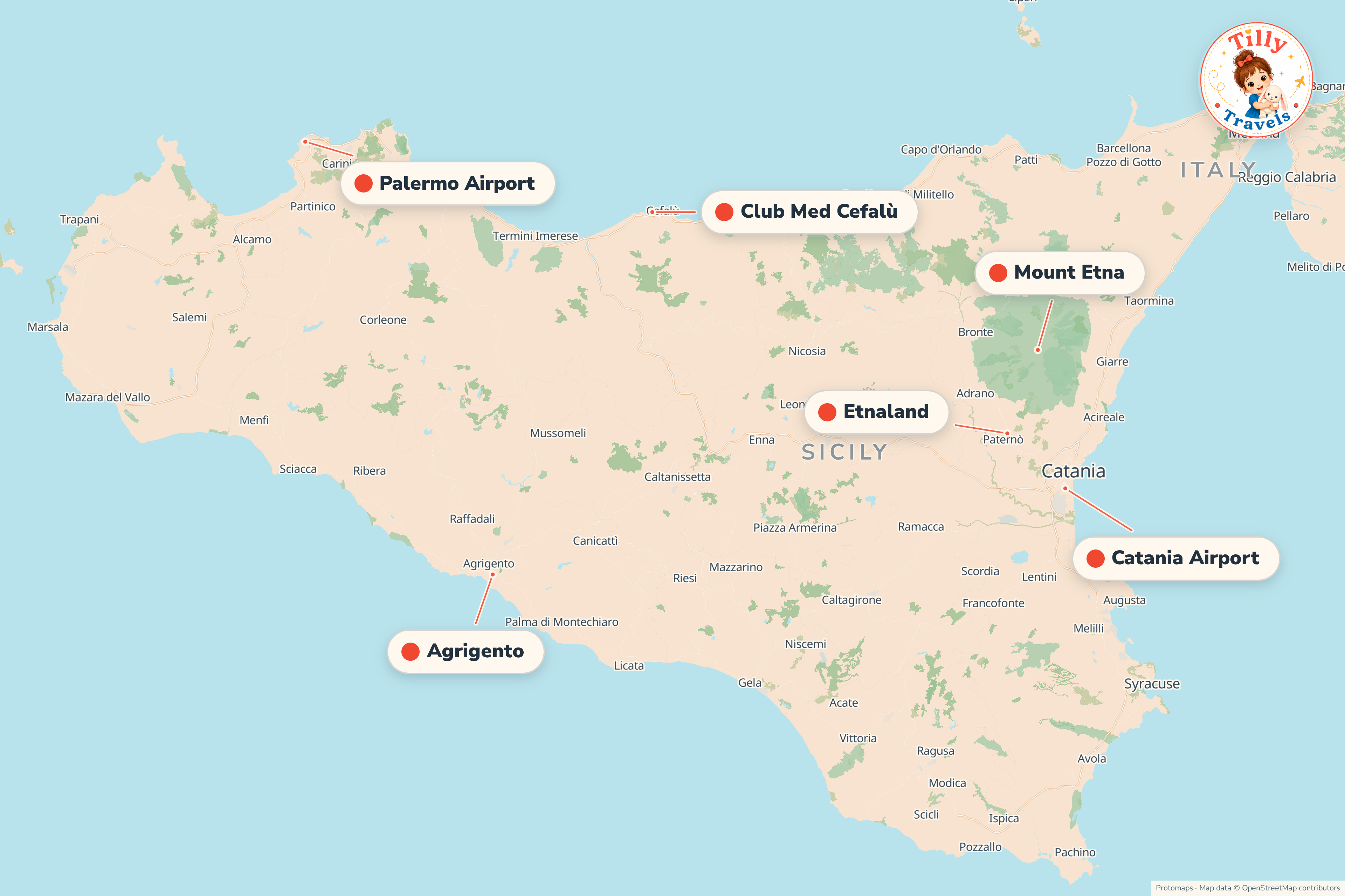 Map of the area around Club Med Cefalù, showing the resort, the nearest airport and the main family days out
