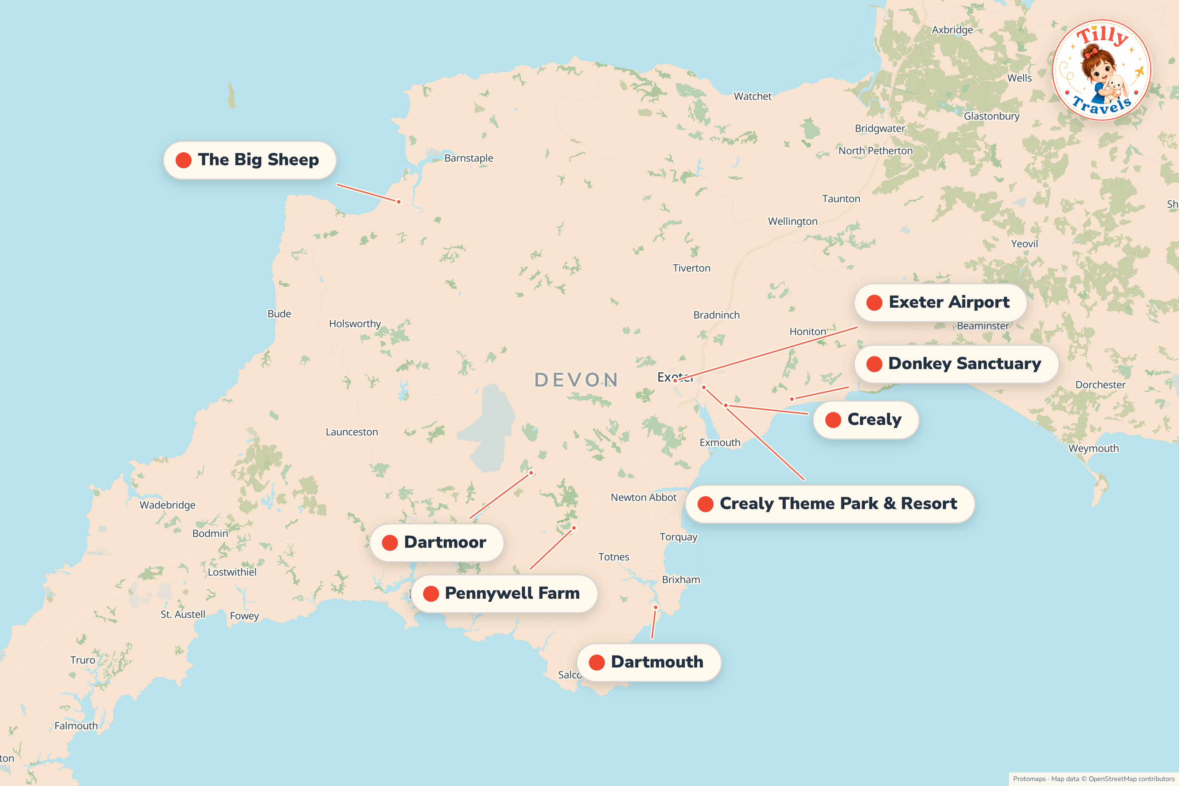 Map of the area around Crealy Theme Park & Resort, showing the resort, the nearest airport and the main family days out