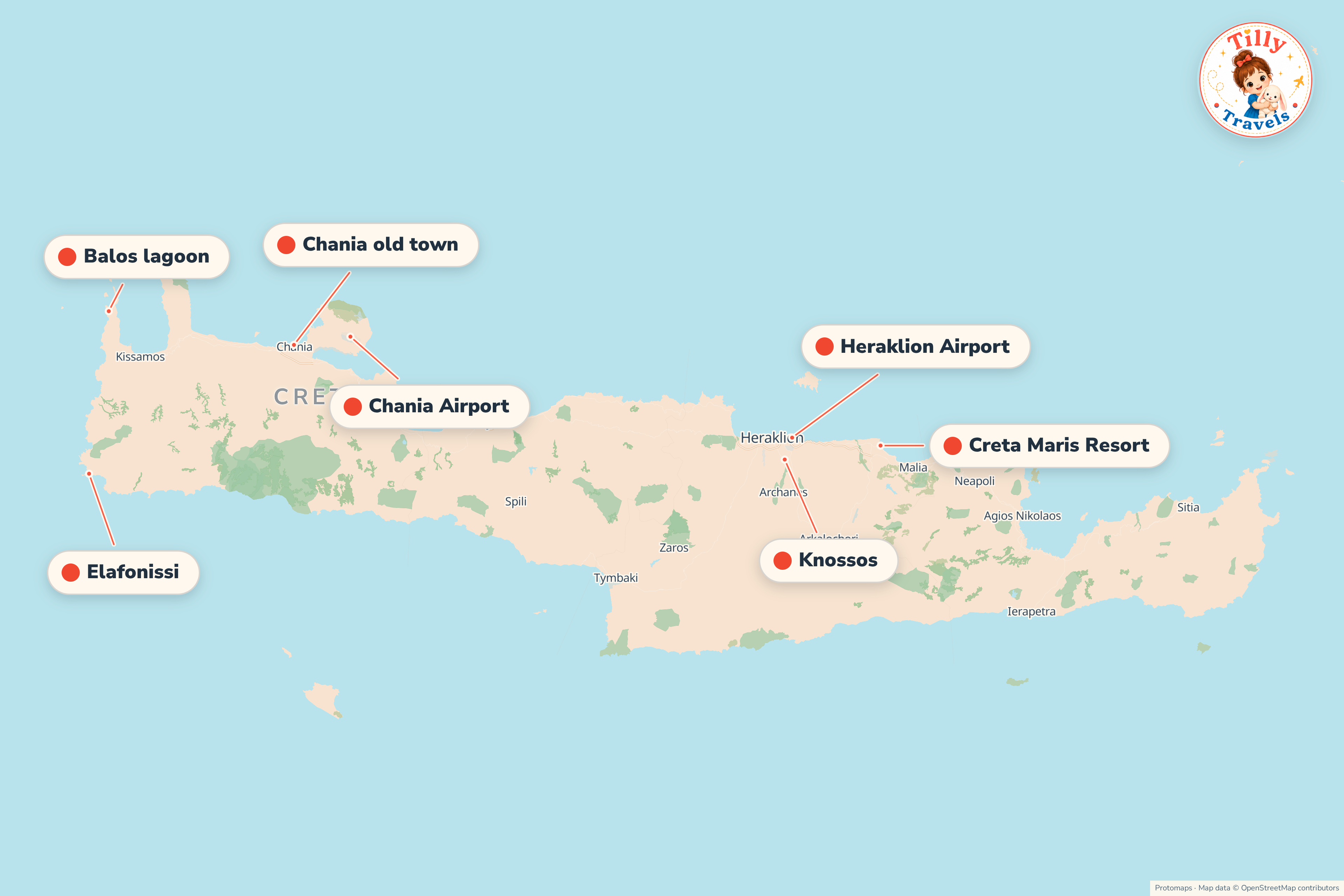 Map of the area around Creta Maris Resort, showing the resort, the nearest airport and the main family days out