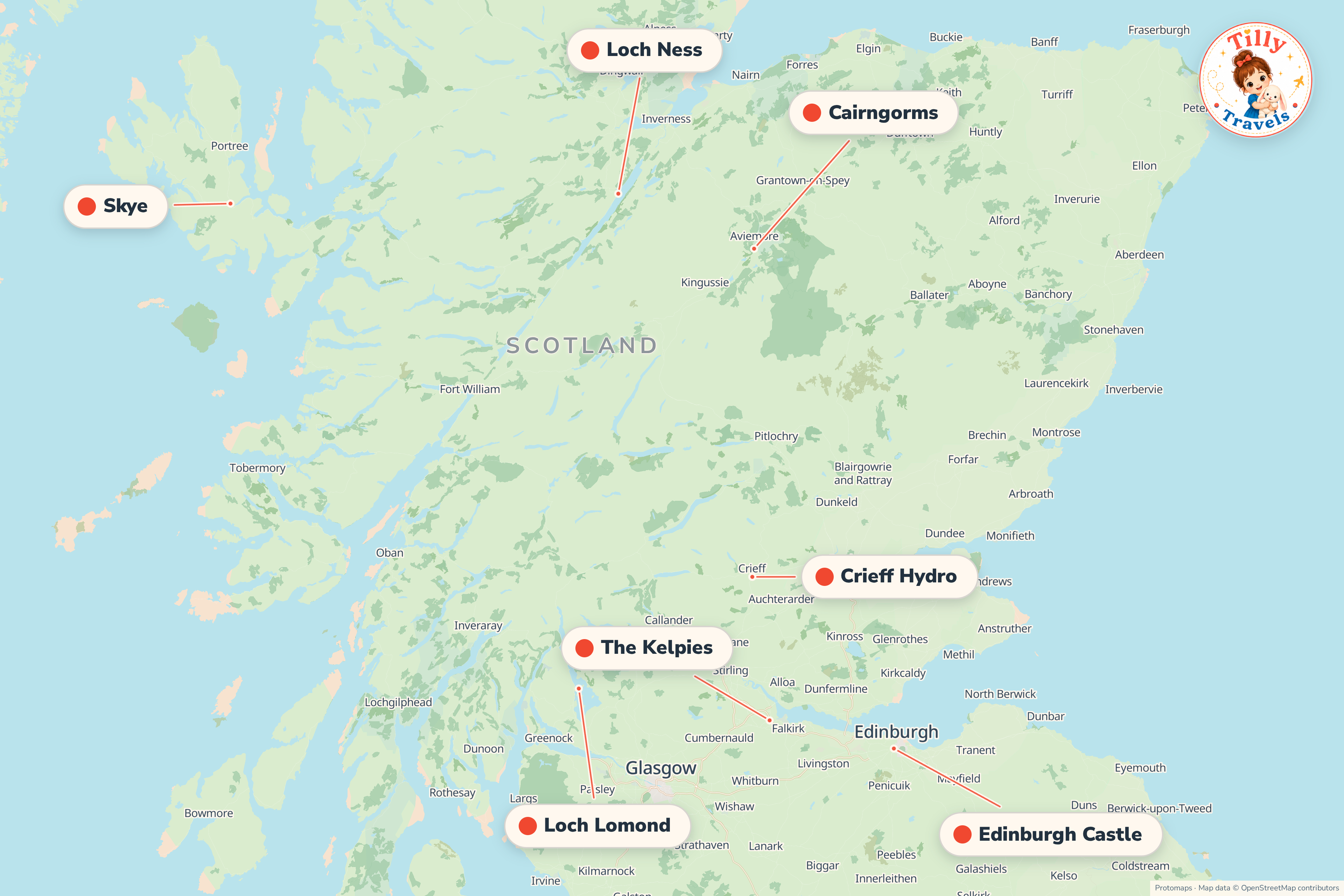 Map of the area around Crieff Hydro, showing the resort, the nearest airport and the main family days out