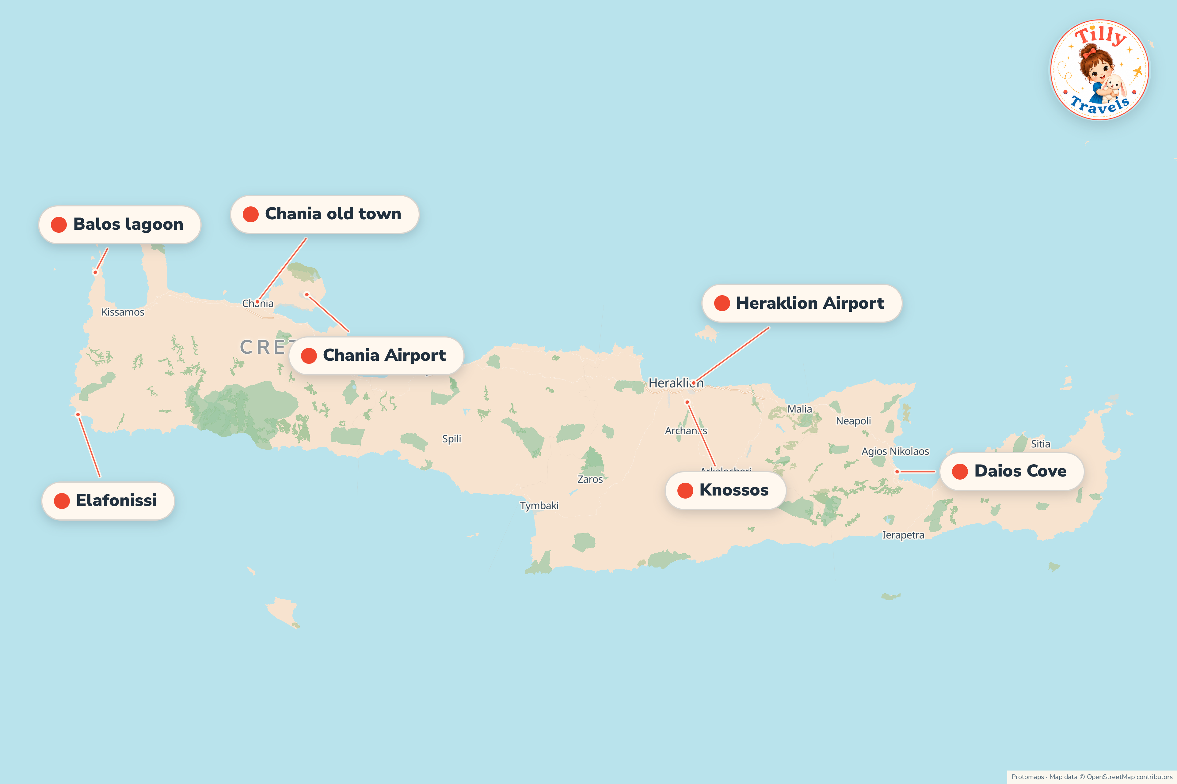 Map of the area around Daios Cove, showing the resort, the nearest airport and the main family days out