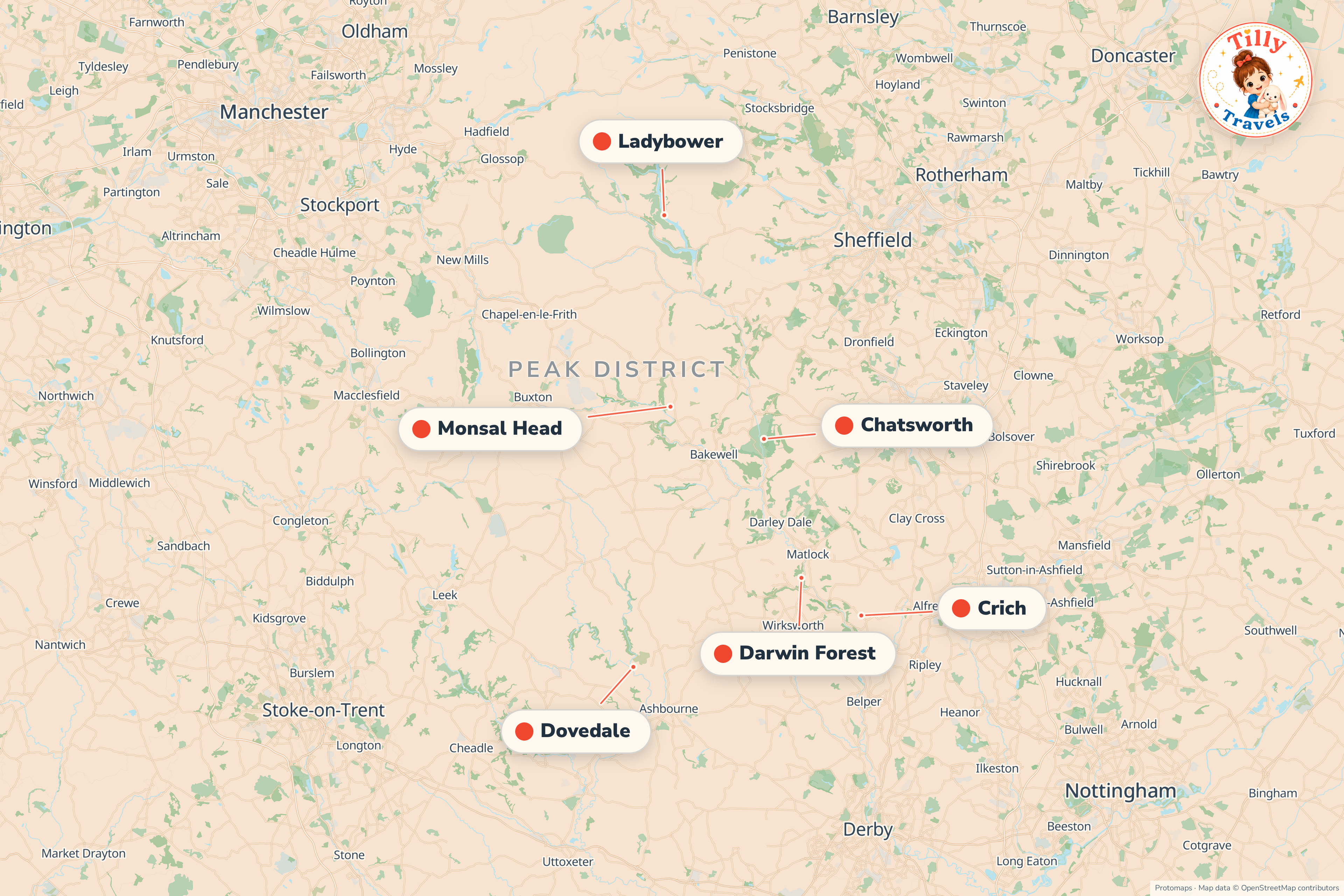 Map of the area around Darwin Forest, showing the resort, the nearest airport and the main family days out