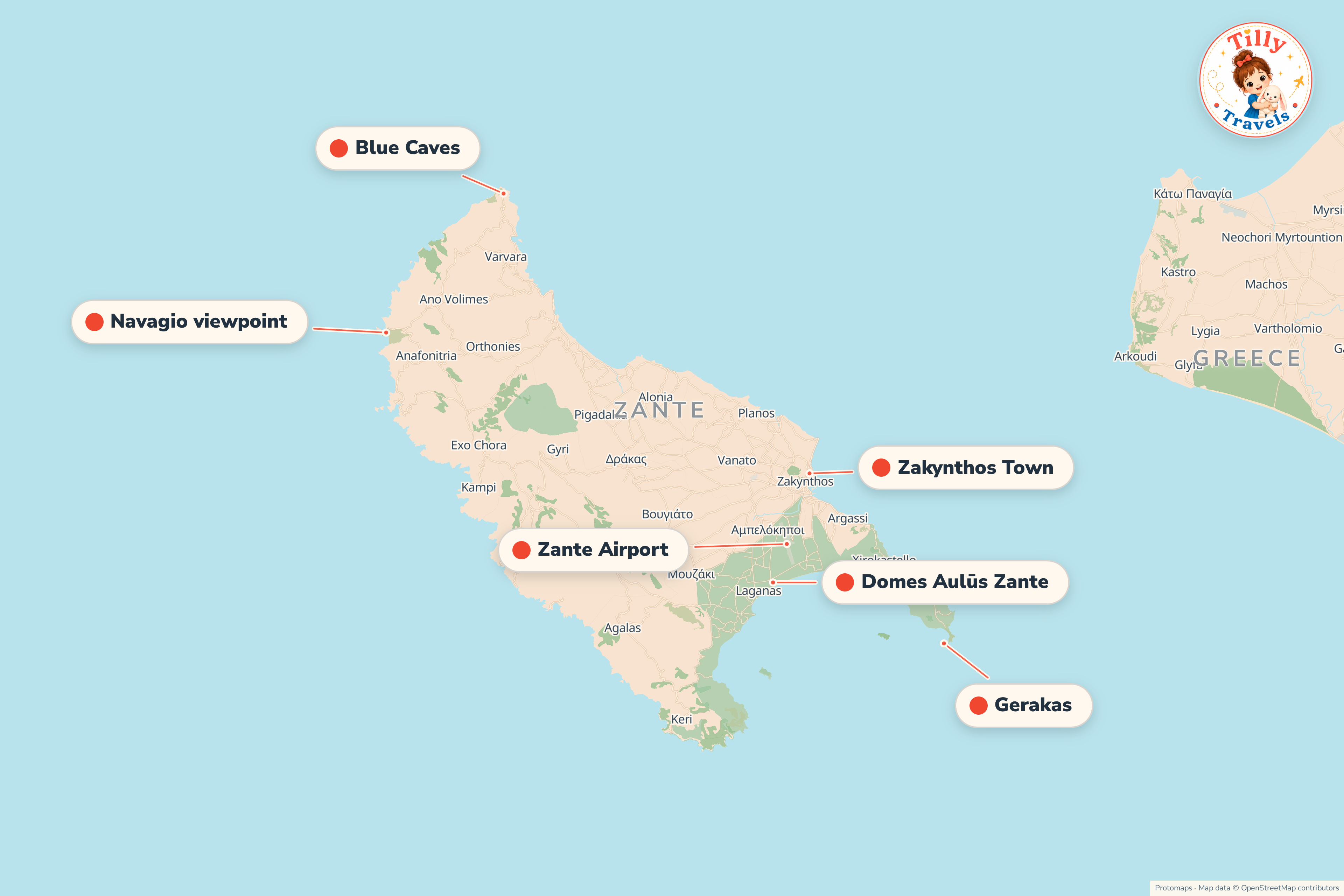 Map of the area around Domes Aulūs Zante, showing the resort, the nearest airport and the main family days out
