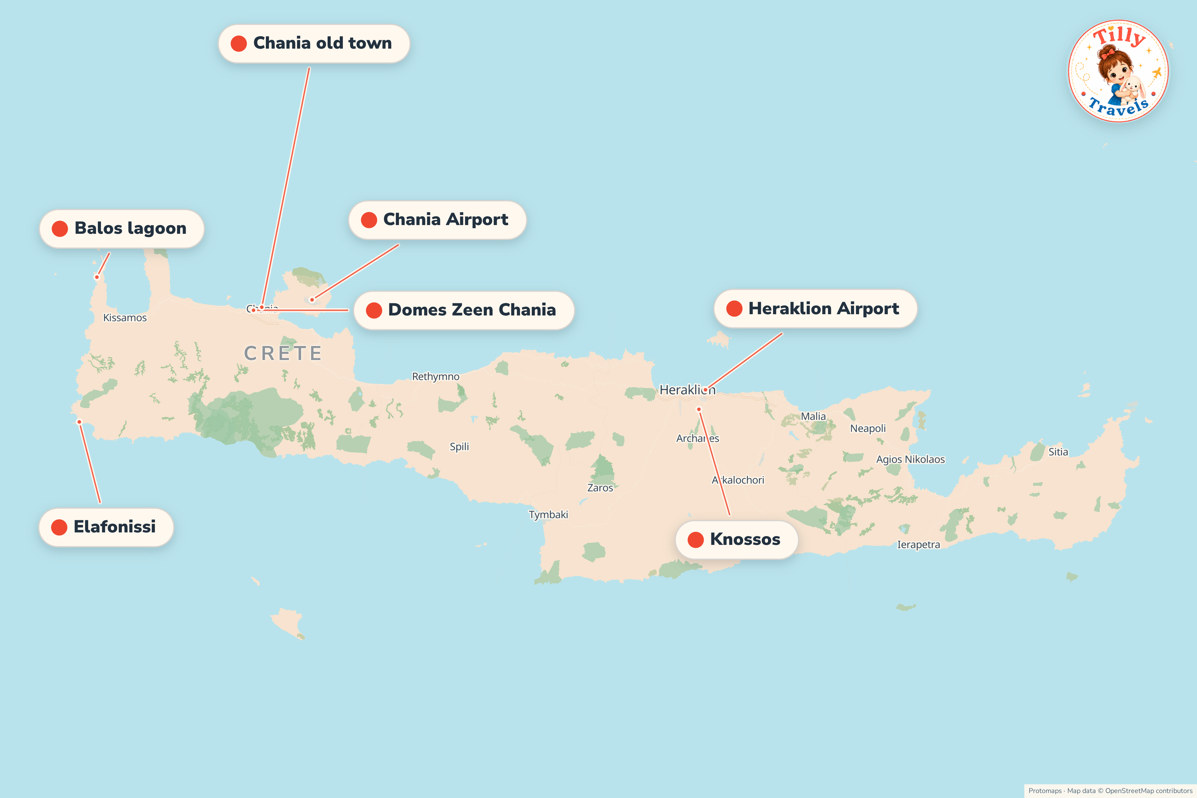 Map of the area around Domes Zeen Chania, showing the resort, the nearest airport and the main family days out
