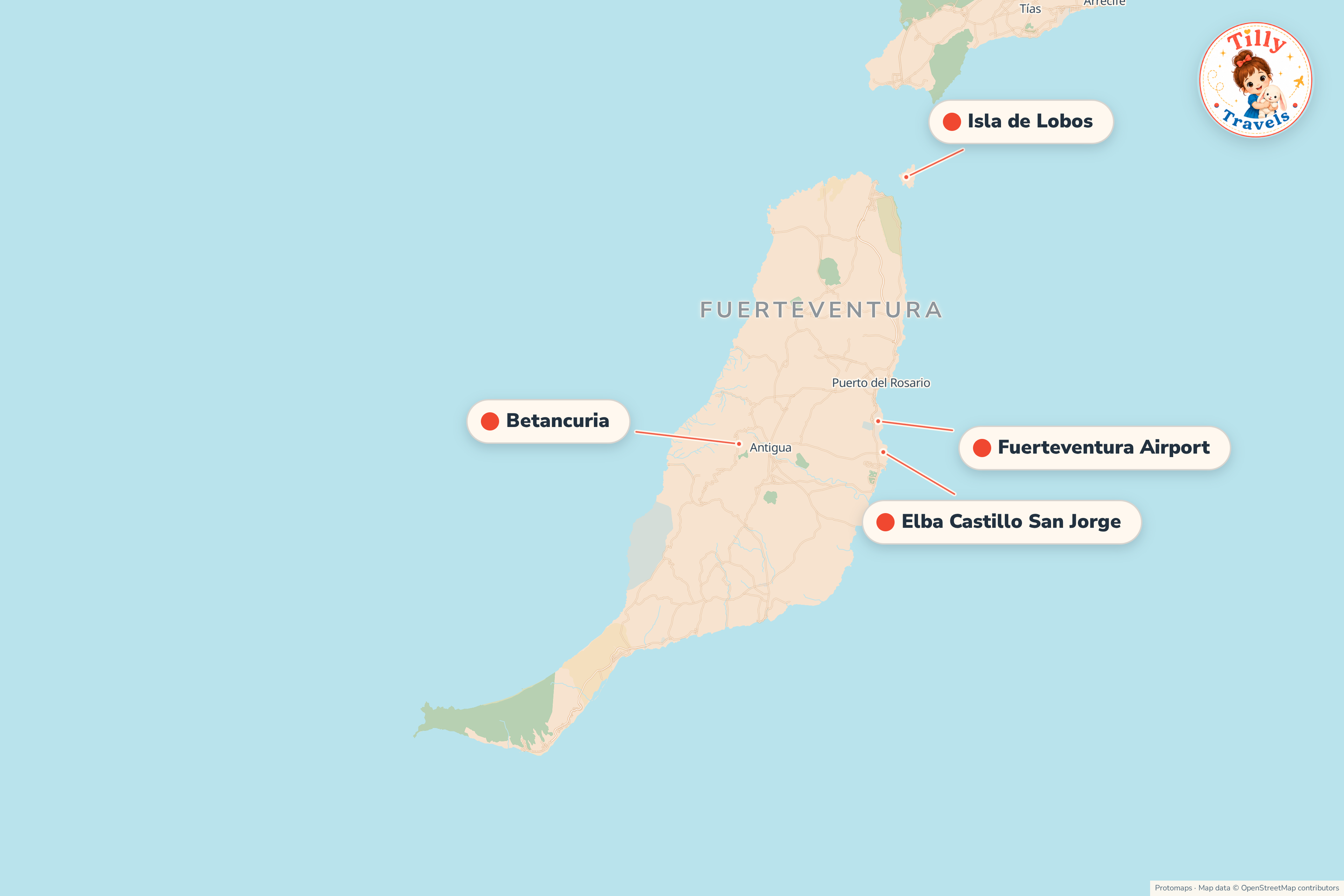 Map of the area around Elba Castillo San Jorge, showing the resort, the nearest airport and the main family days out