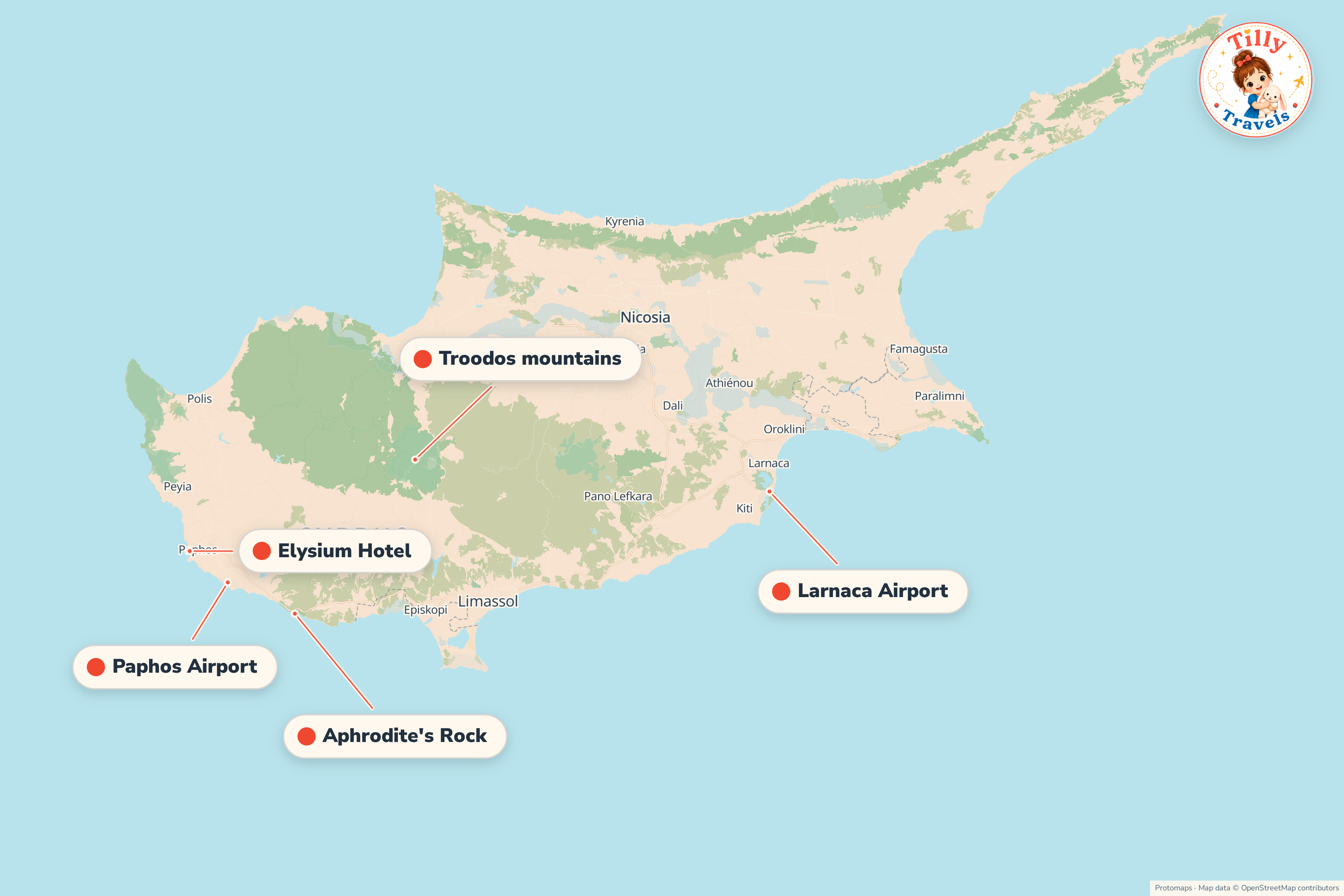 Map of the area around Elysium Hotel, showing the resort, the nearest airport and the main family days out