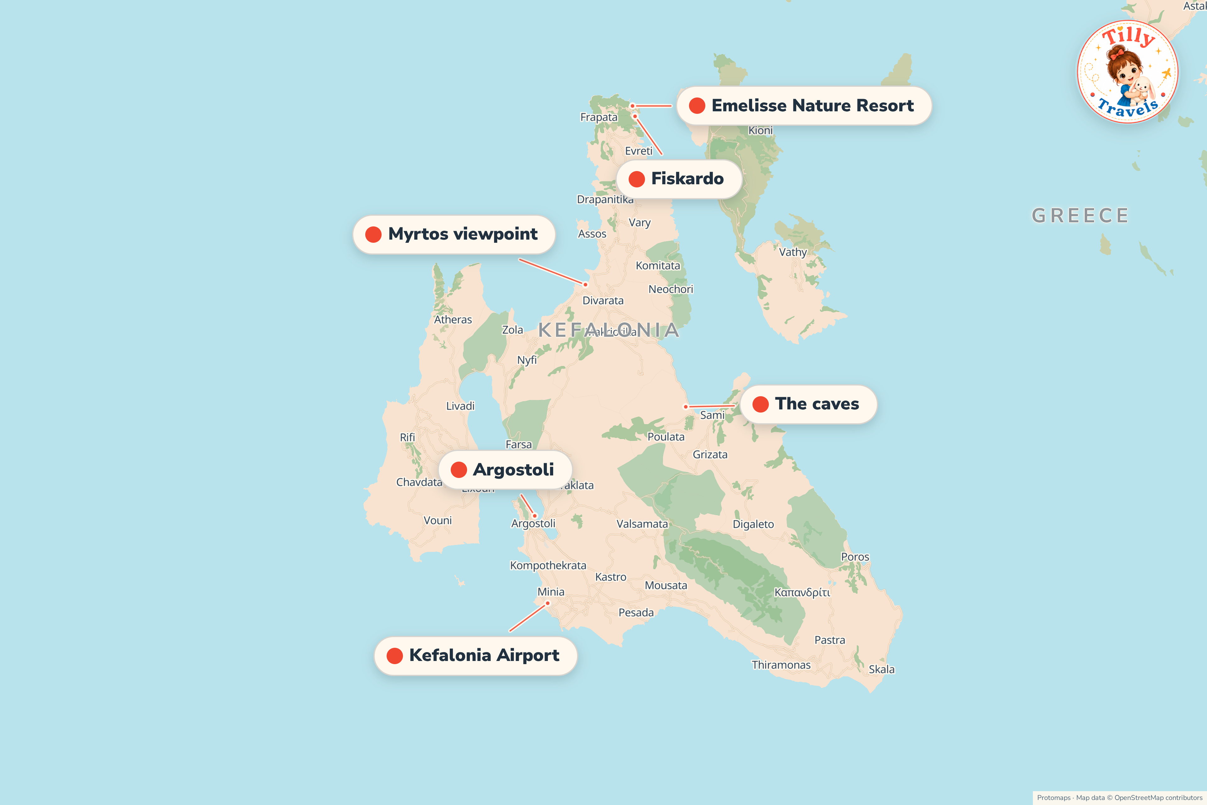 Map of the area around Emelisse Nature Resort, showing the resort, the nearest airport and the main family days out