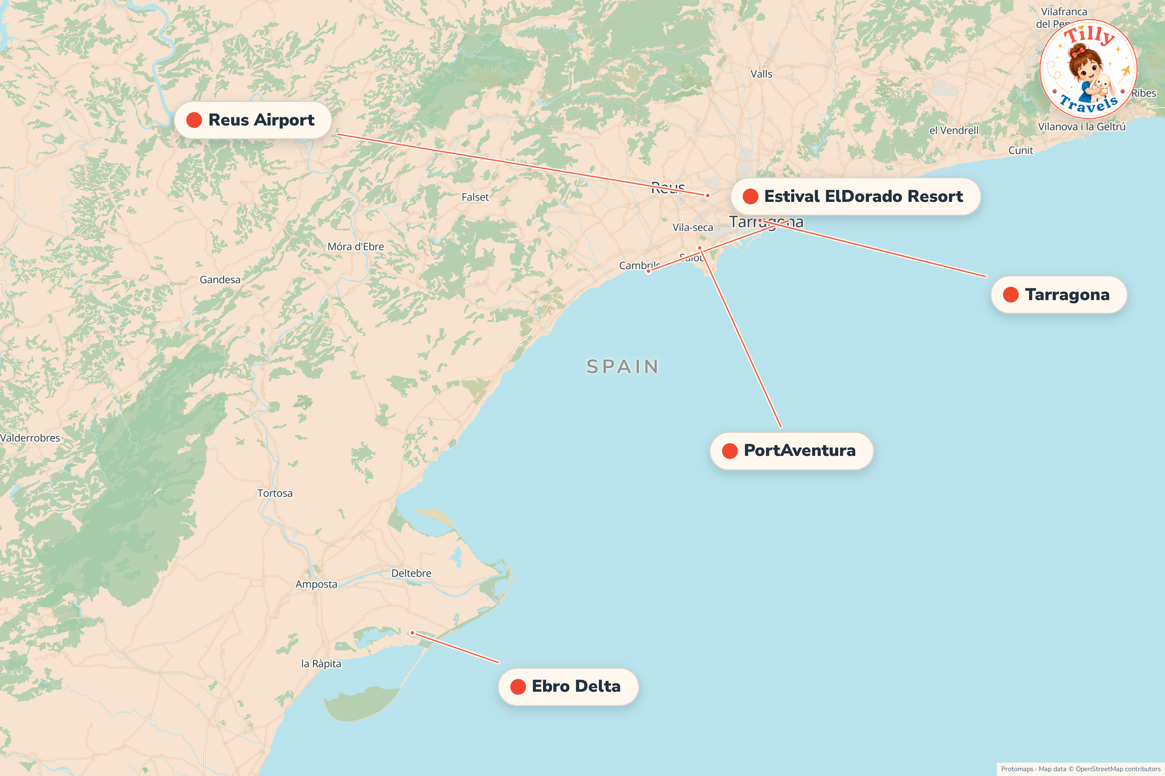 Map of the area around Estival ElDorado Resort, showing the resort, the nearest airport and the main family days out