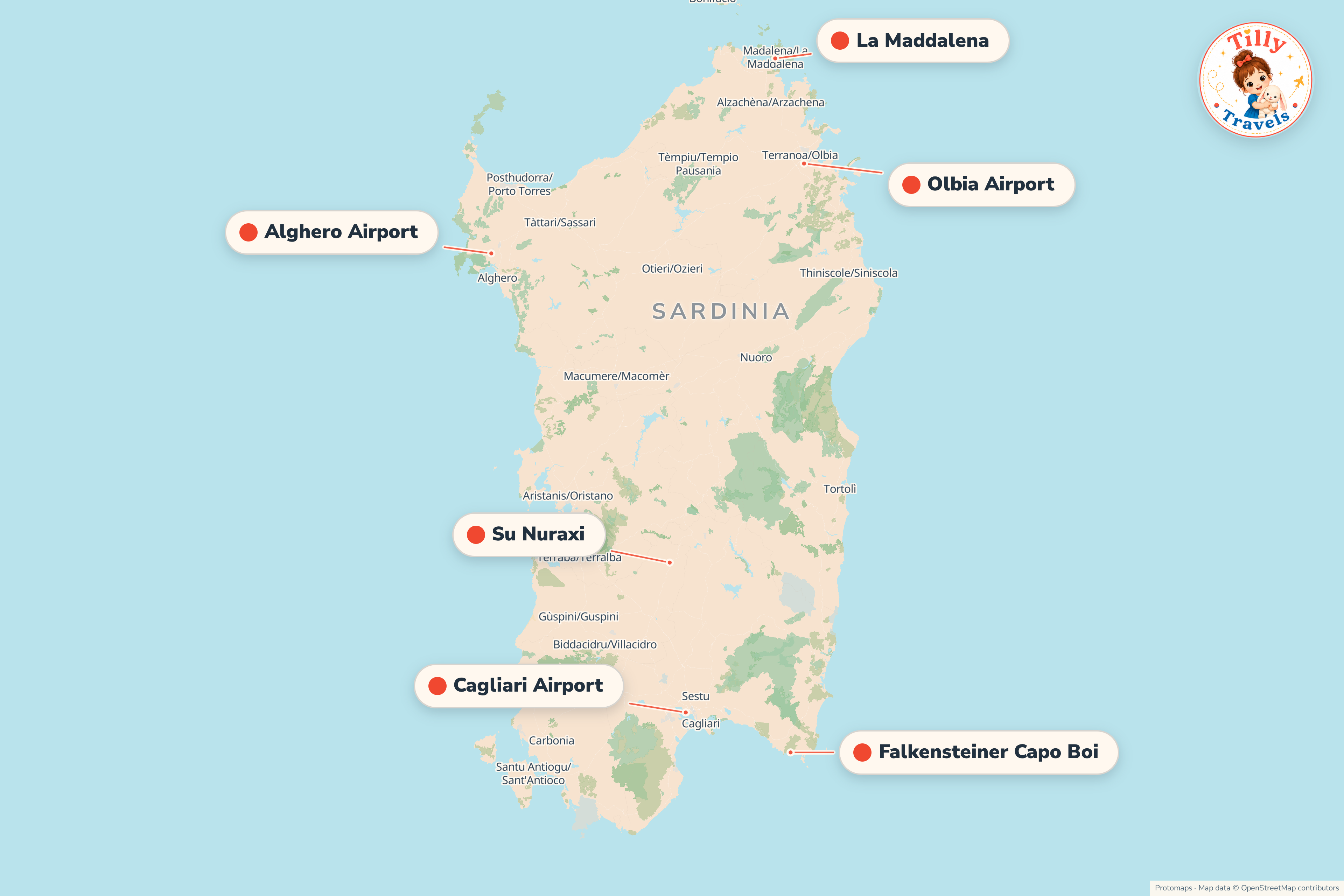 Map of the area around Falkensteiner Capo Boi, showing the resort, the nearest airport and the main family days out