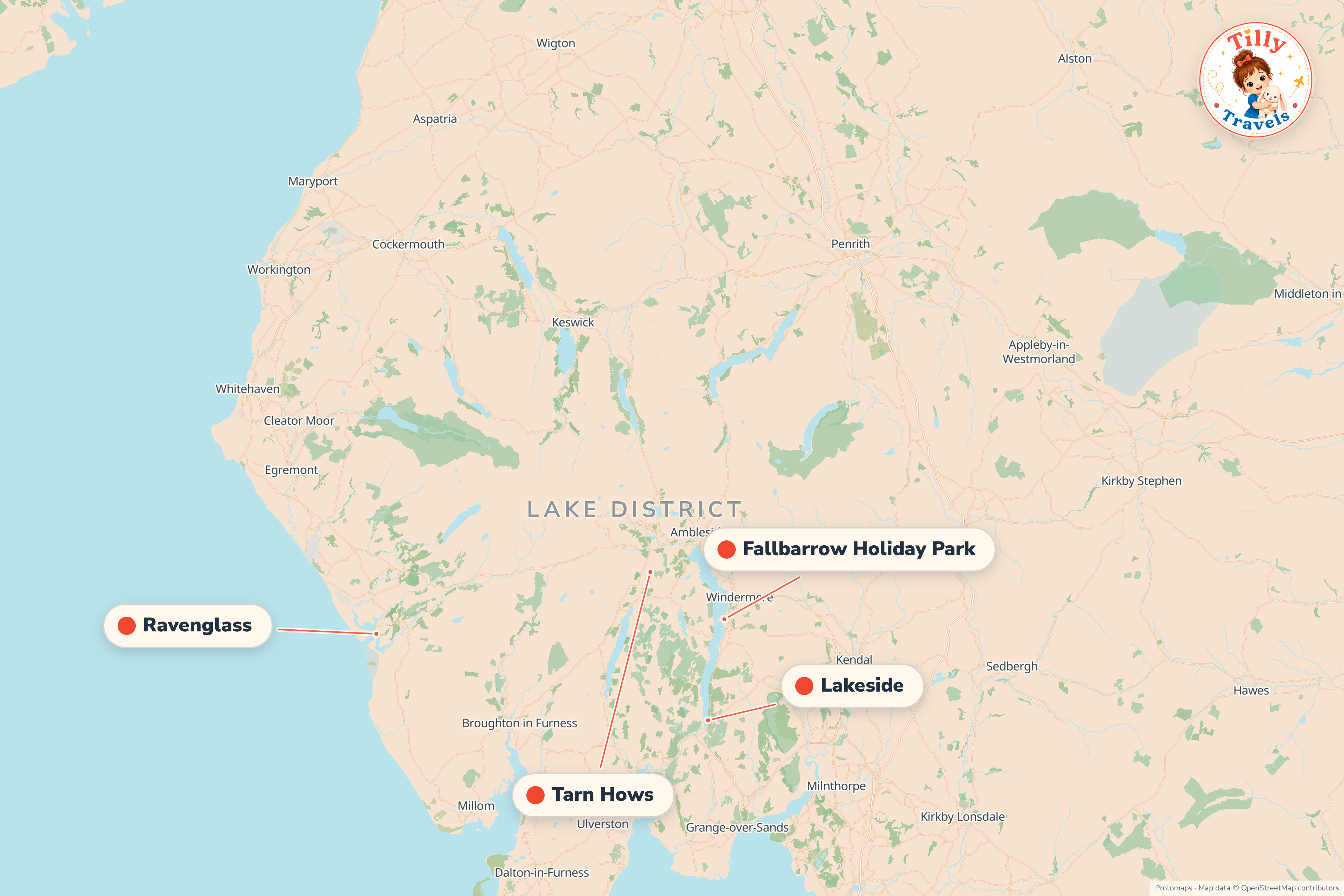 Map of the area around Fallbarrow Holiday Park, showing the resort, the nearest airport and the main family days out