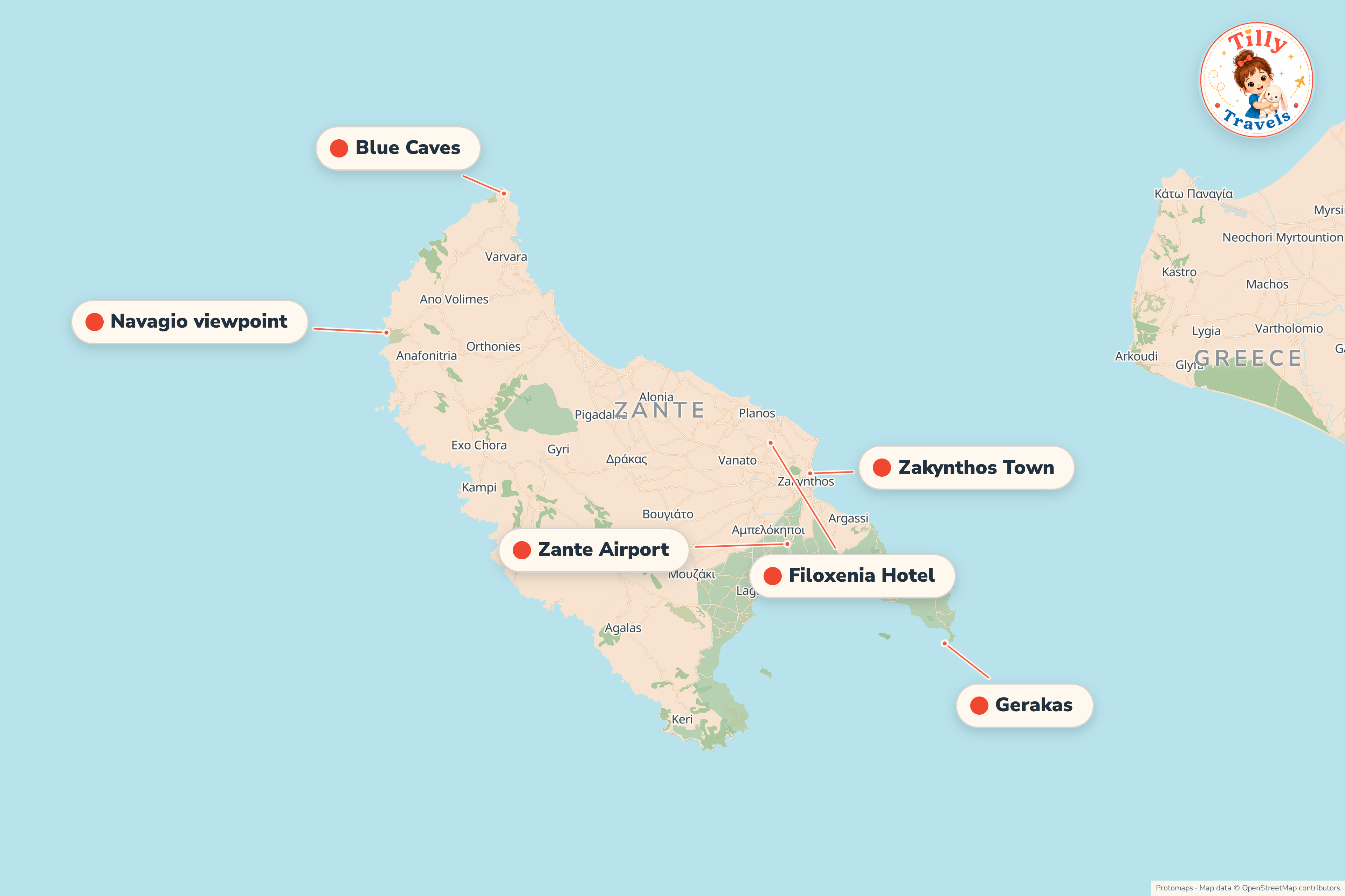 Map of the area around Filoxenia Hotel, showing the resort, the nearest airport and the main family days out
