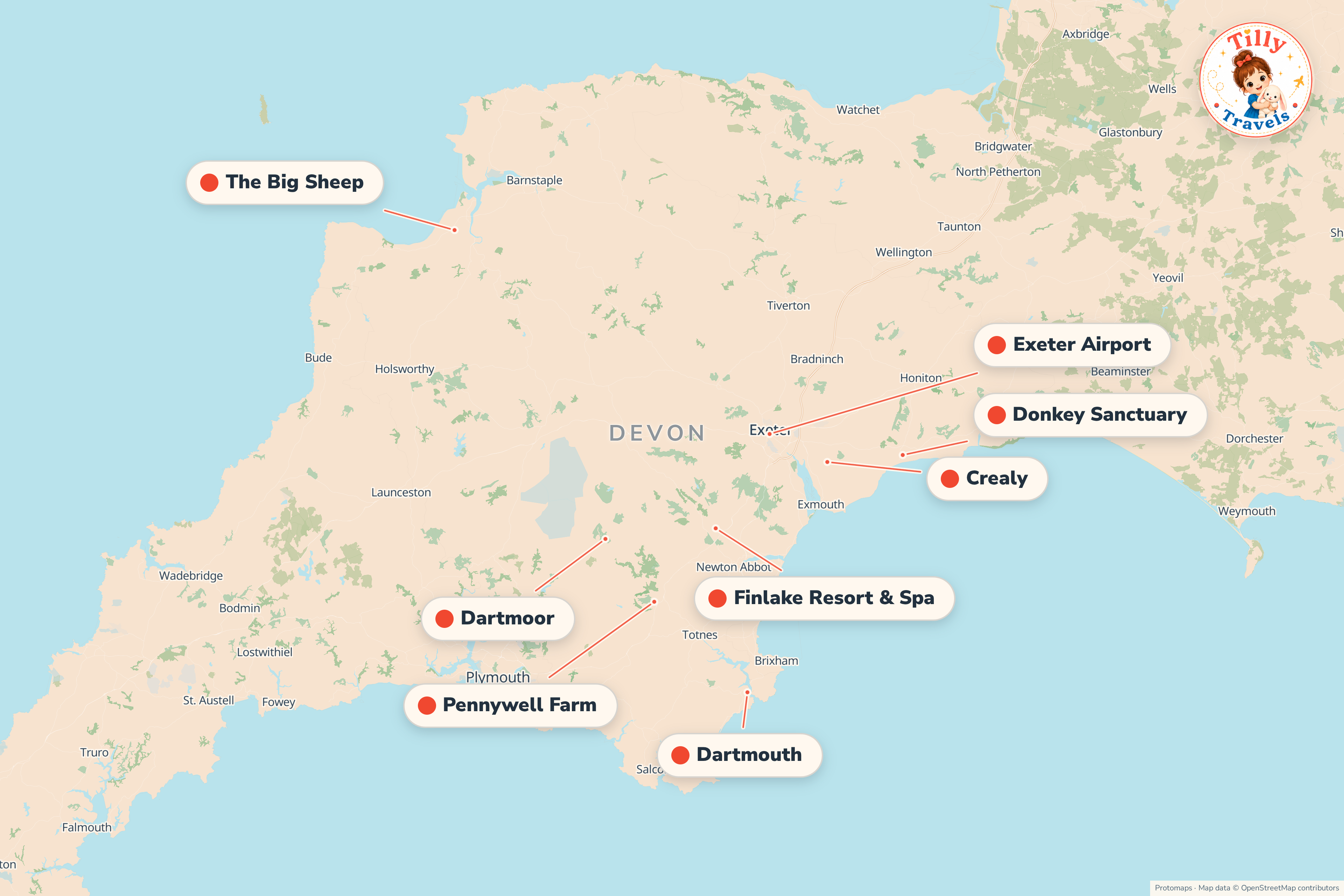 Map of the area around Finlake Resort & Spa, showing the resort, the nearest airport and the main family days out