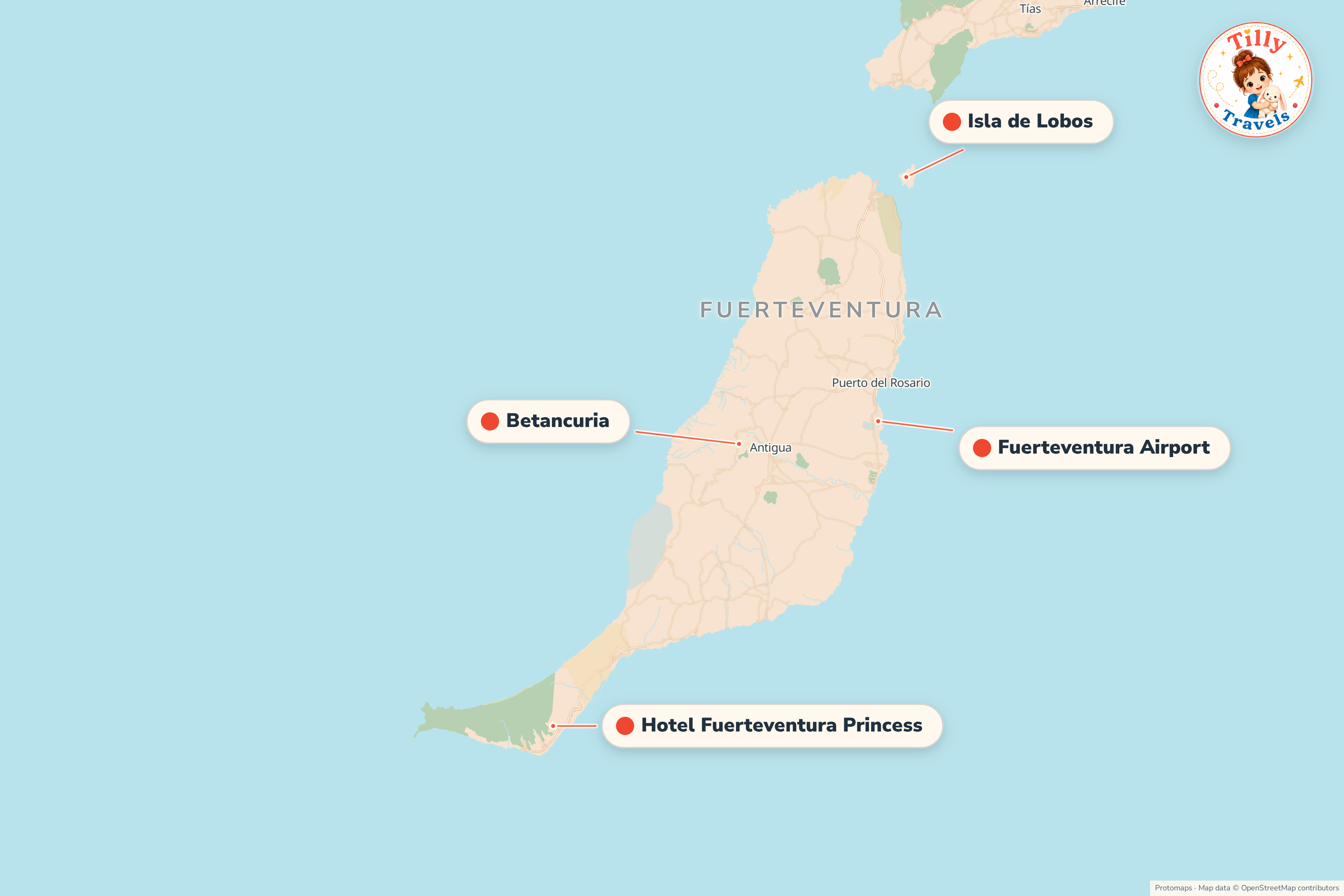 Map of the area around Hotel Fuerteventura Princess, showing the resort, the nearest airport and the main family days out