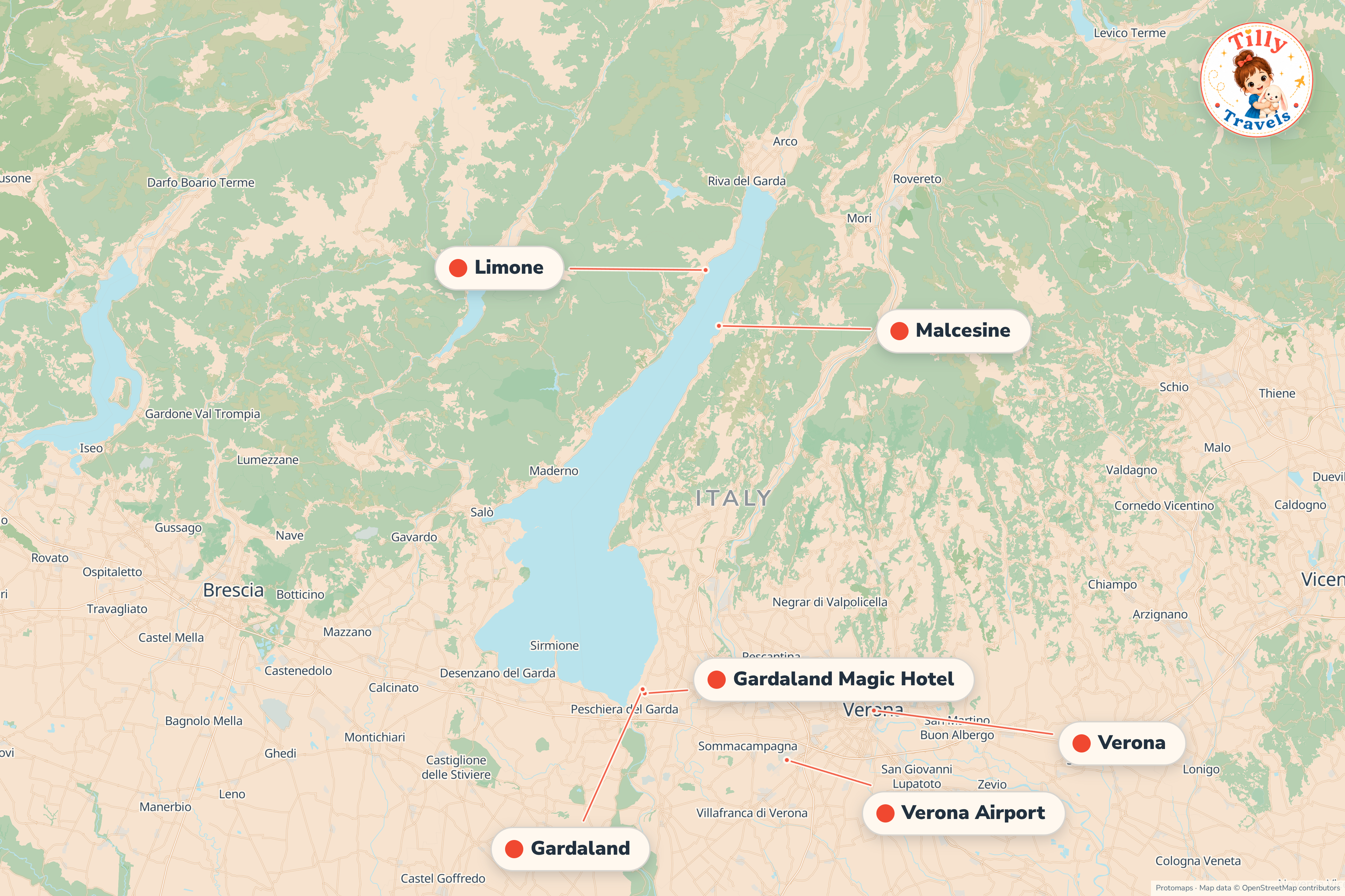 Map of the area around Gardaland Magic Hotel, showing the resort, the nearest airport and the main family days out