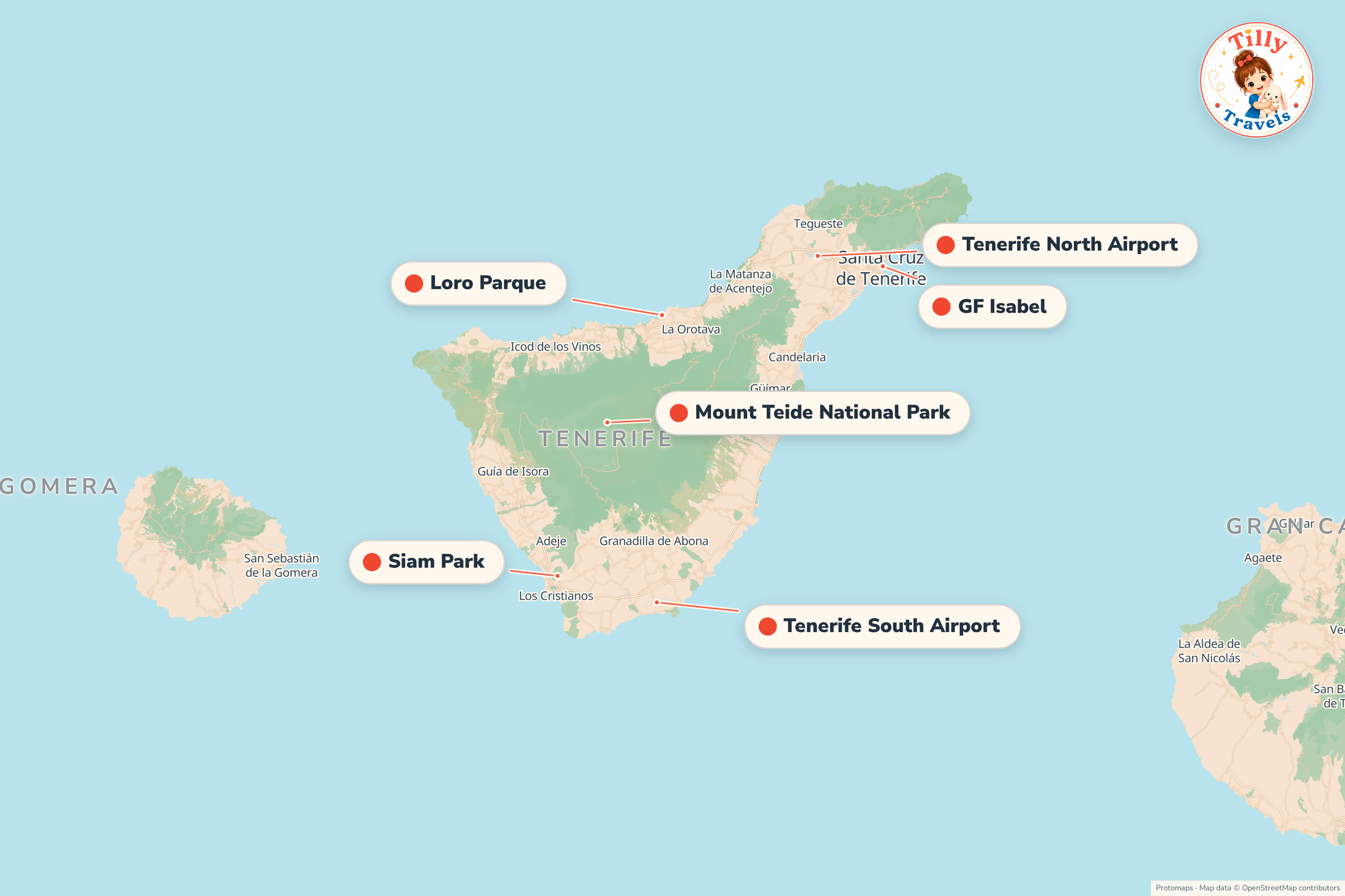 Map of the area around GF Isabel, showing the resort, the nearest airport and the main family days out