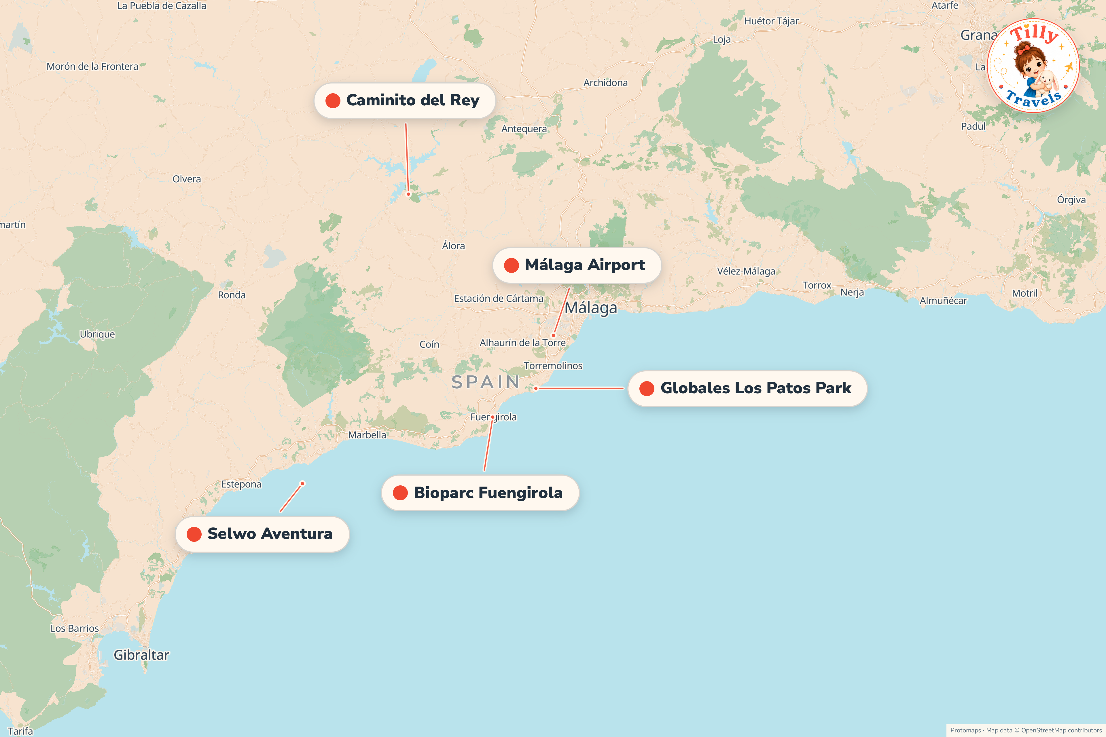 Map of the area around Globales Los Patos Park, showing the resort, the nearest airport and the main family days out