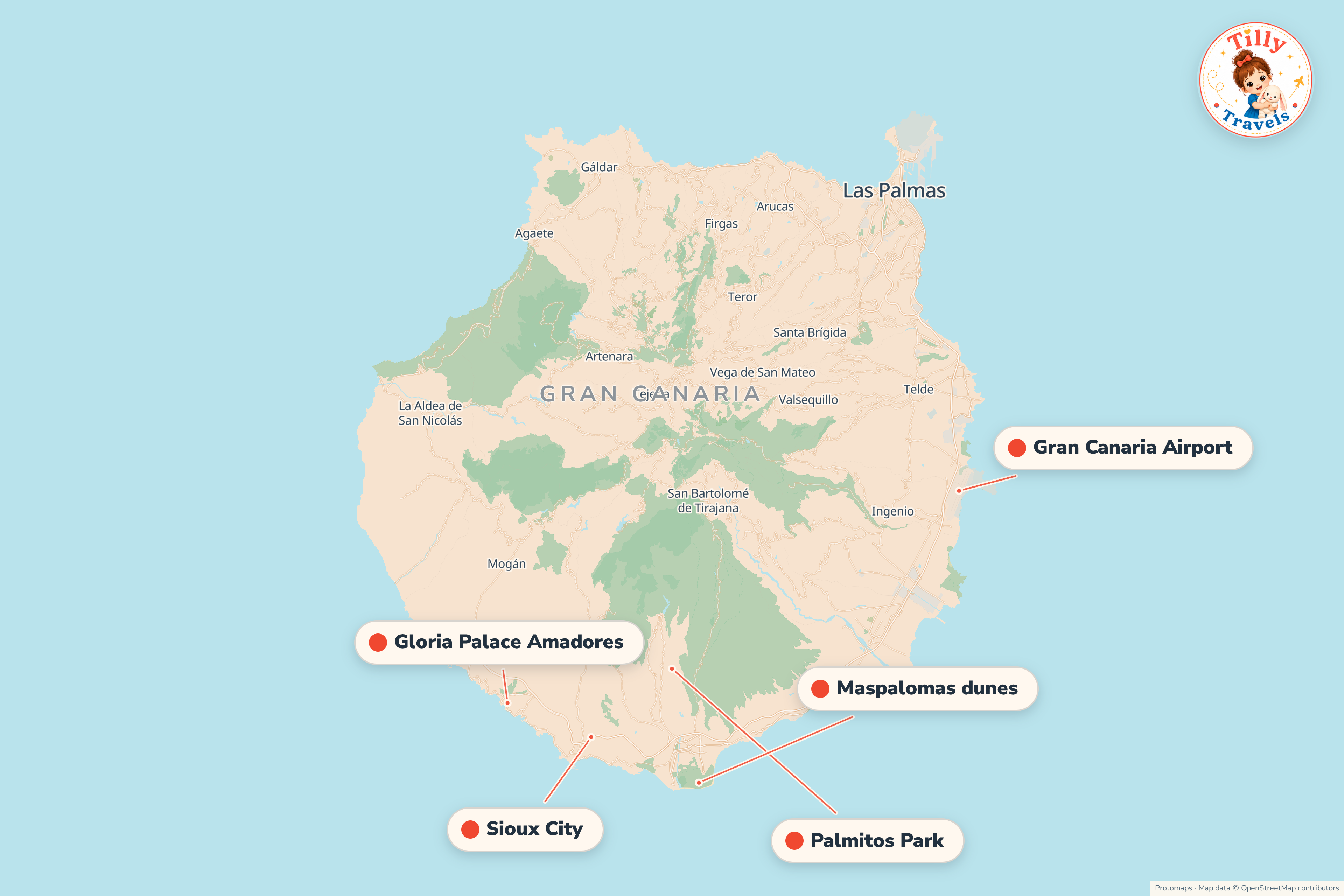 Map of the area around Gloria Palace Amadores, showing the resort, the nearest airport and the main family days out