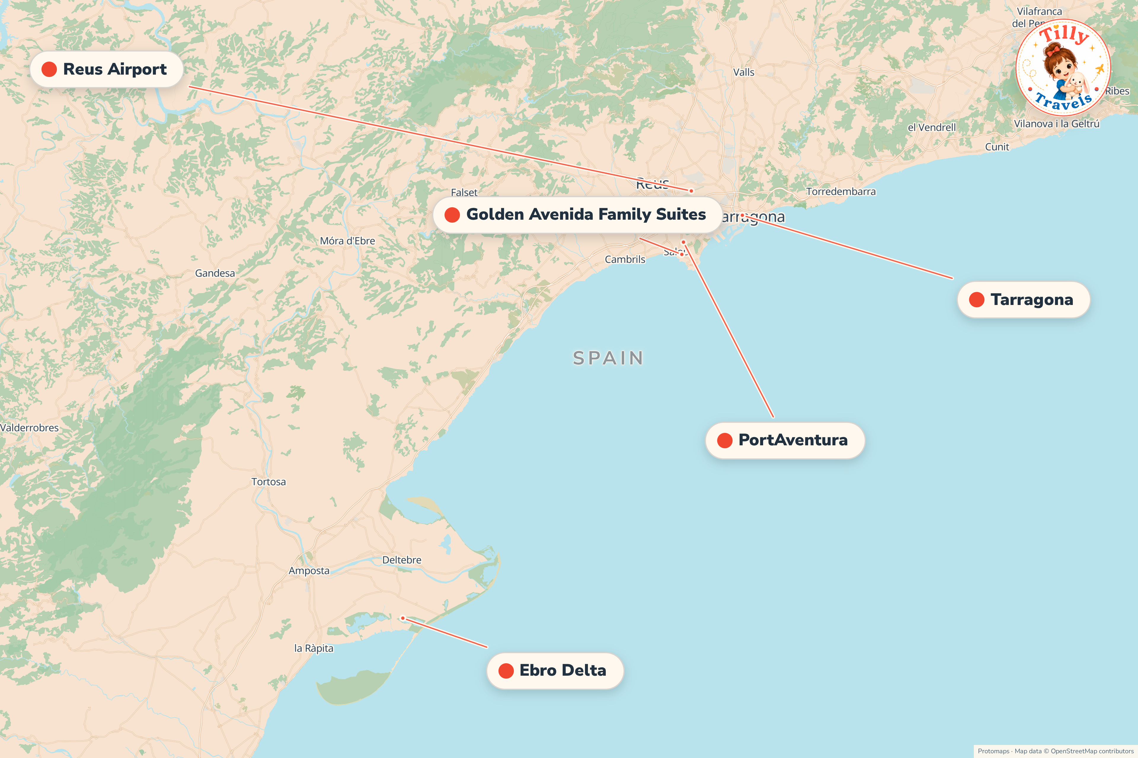 Map of the area around Golden Avenida Family Suites, showing the resort, the nearest airport and the main family days out