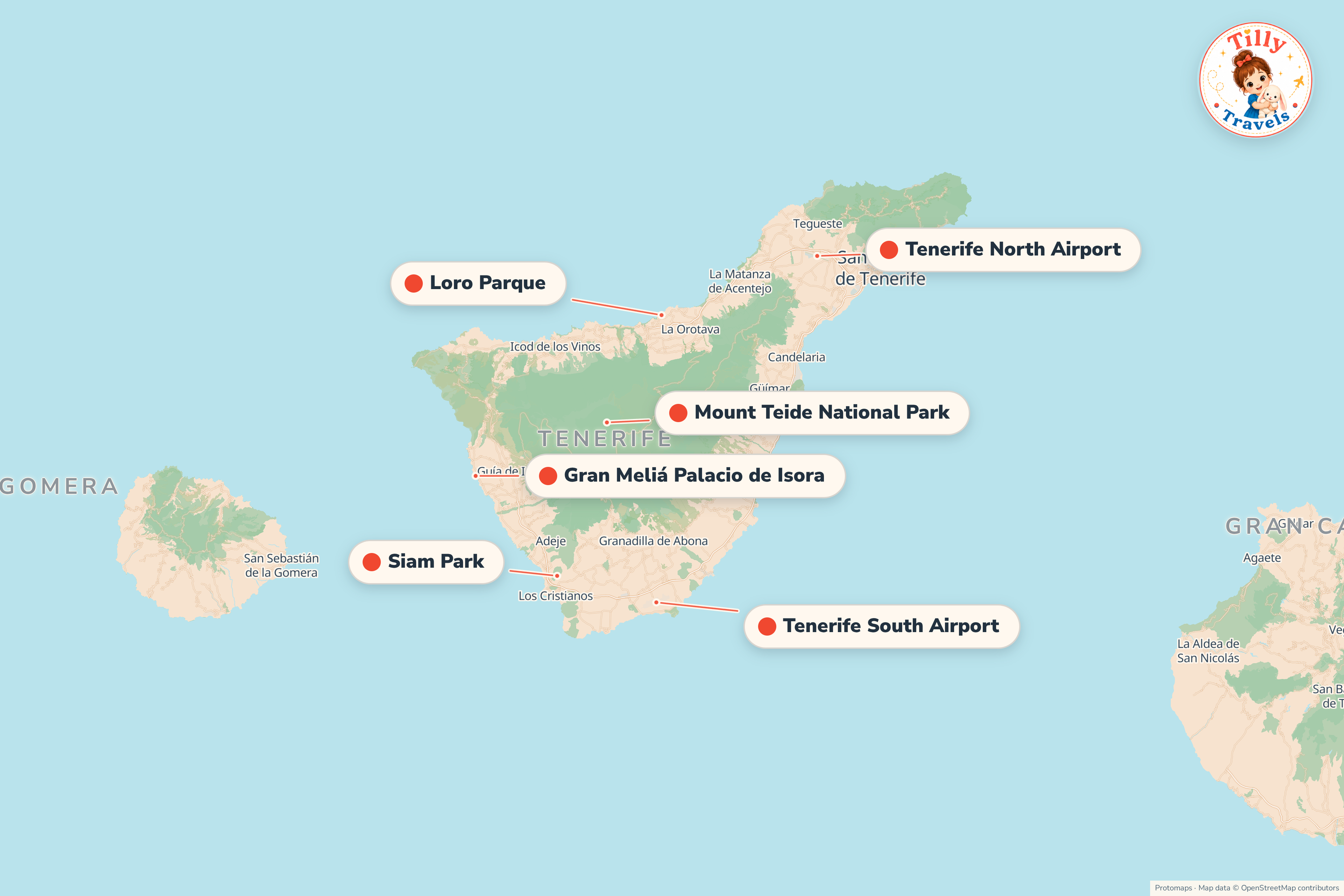 Map of the area around Gran Meliá Palacio de Isora, showing the resort, the nearest airport and the main family days out