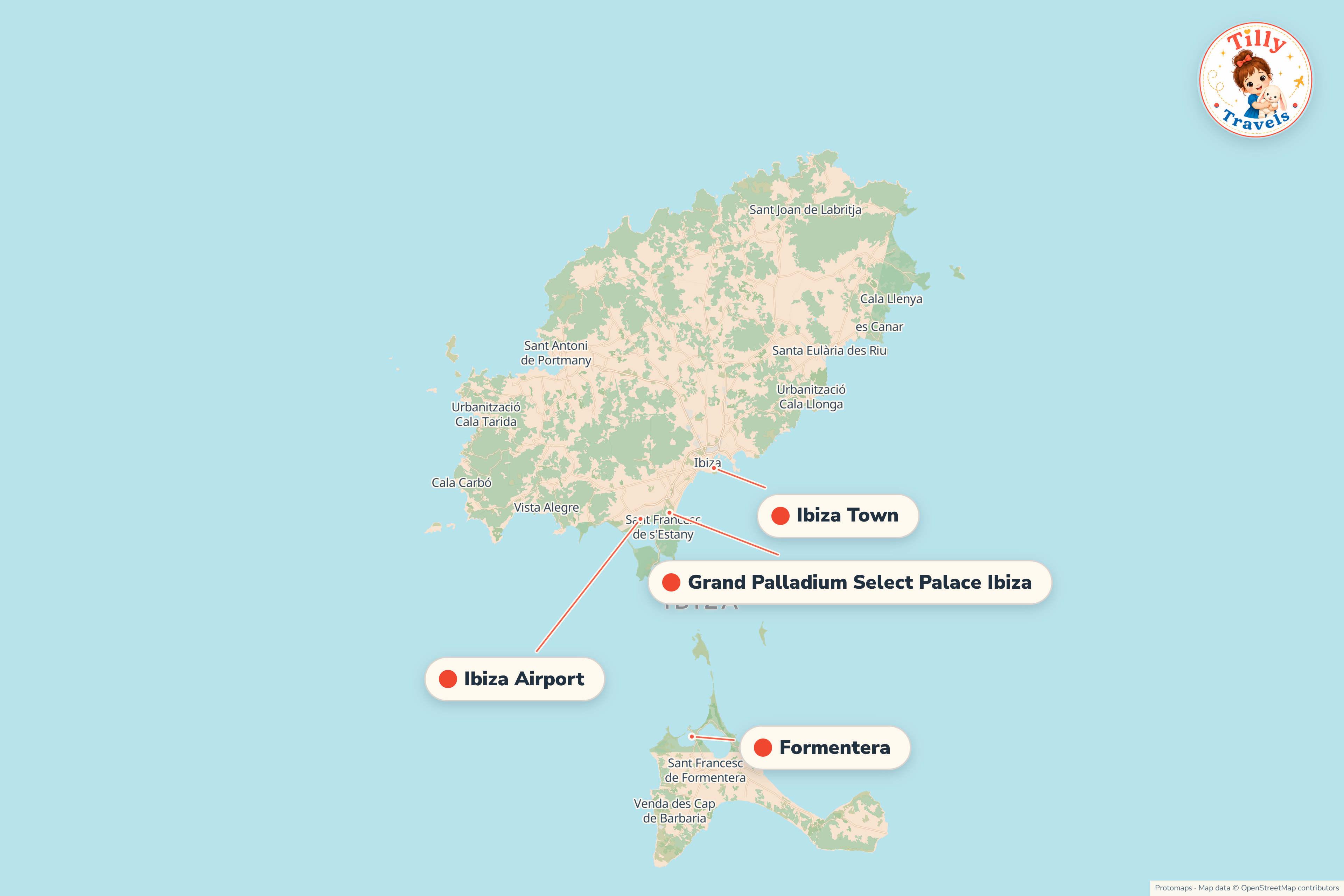 Map of the area around Grand Palladium Select Palace Ibiza, showing the resort, the nearest airport and the main family days out