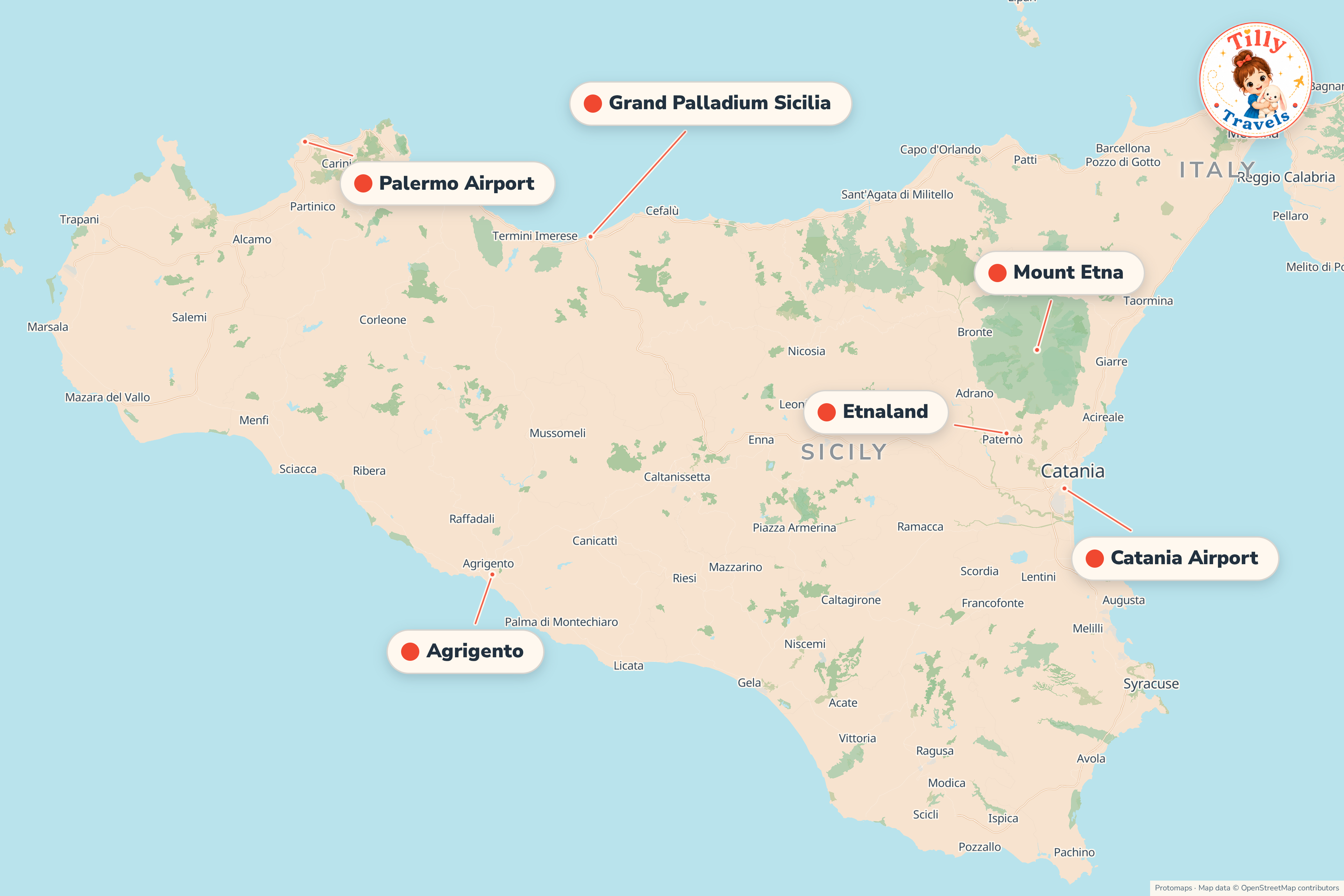 Map of the area around Grand Palladium Sicilia, showing the resort, the nearest airport and the main family days out