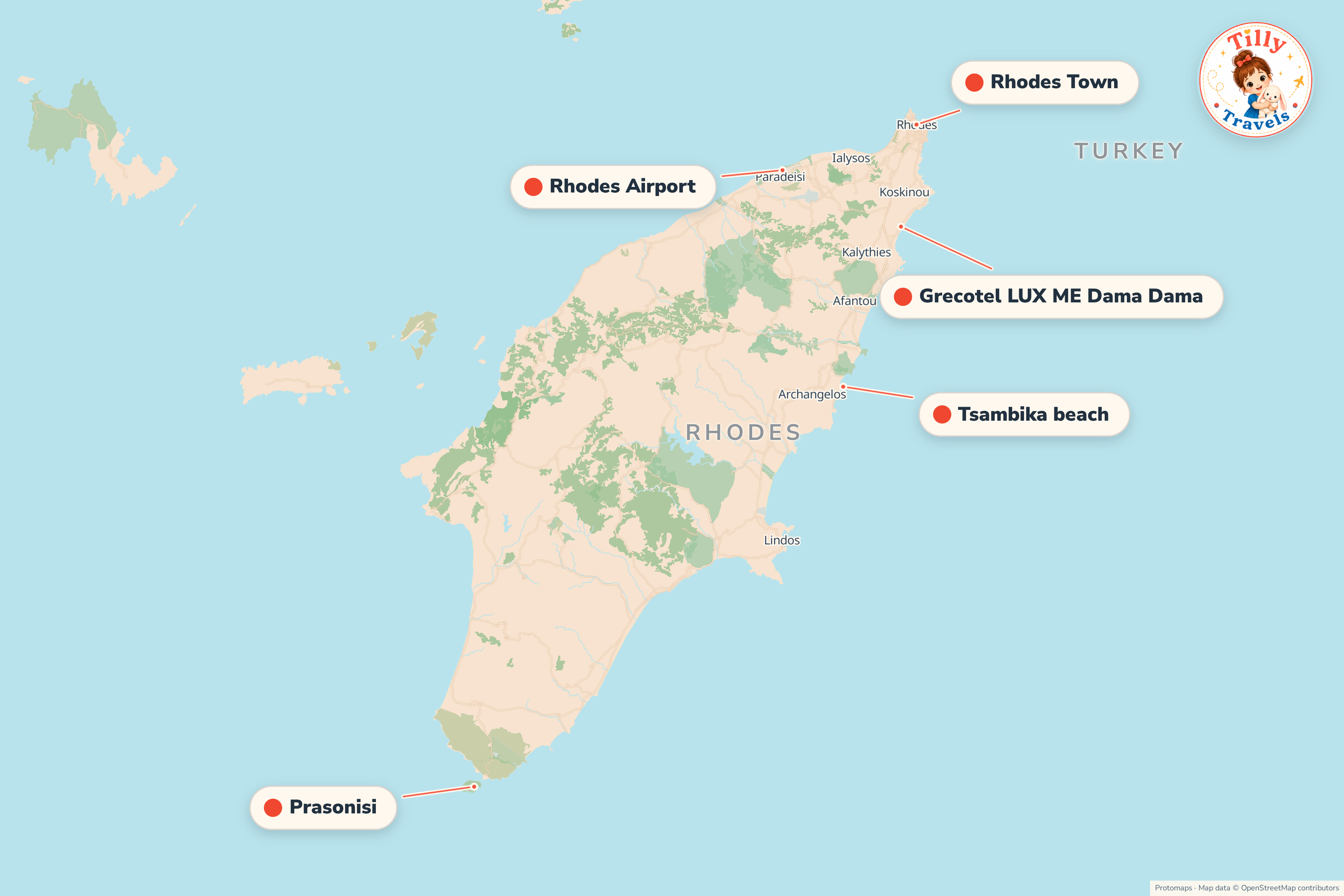 Map of the area around Grecotel LUX ME Dama Dama, showing the resort, the nearest airport and the main family days out