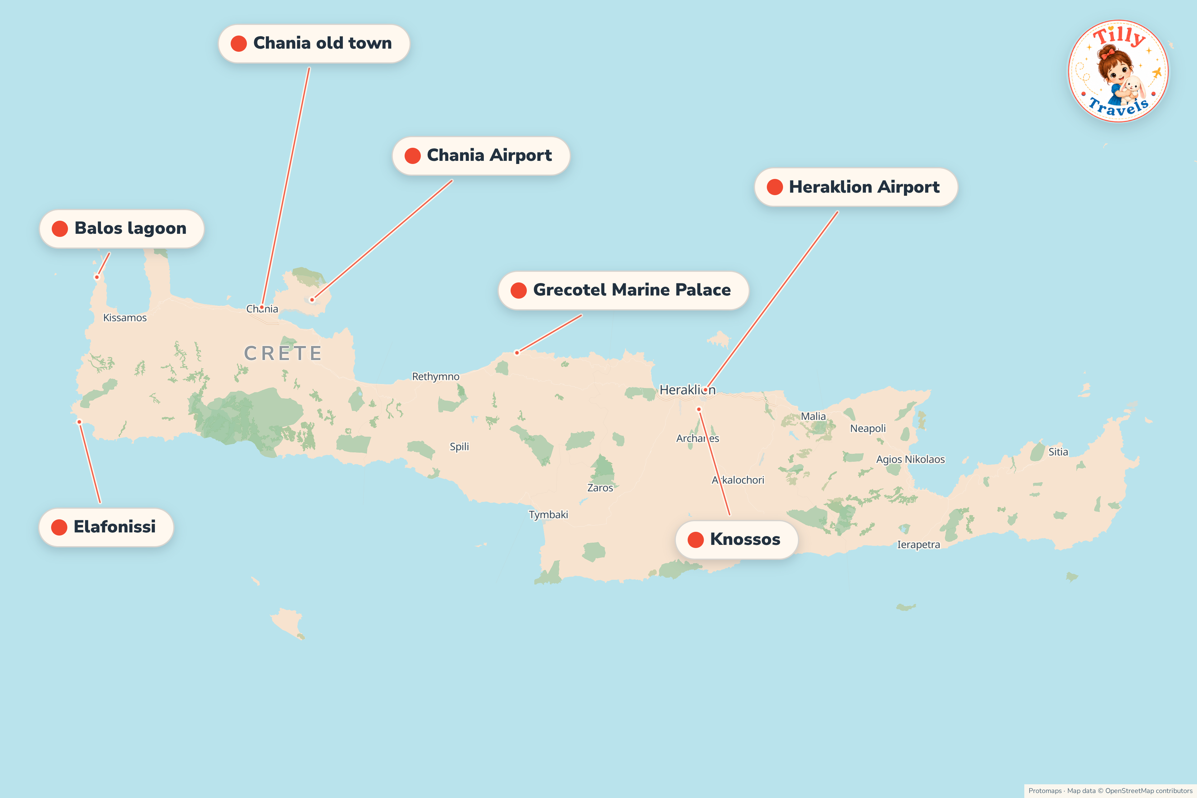Map of the area around Grecotel Marine Palace, showing the resort, the nearest airport and the main family days out