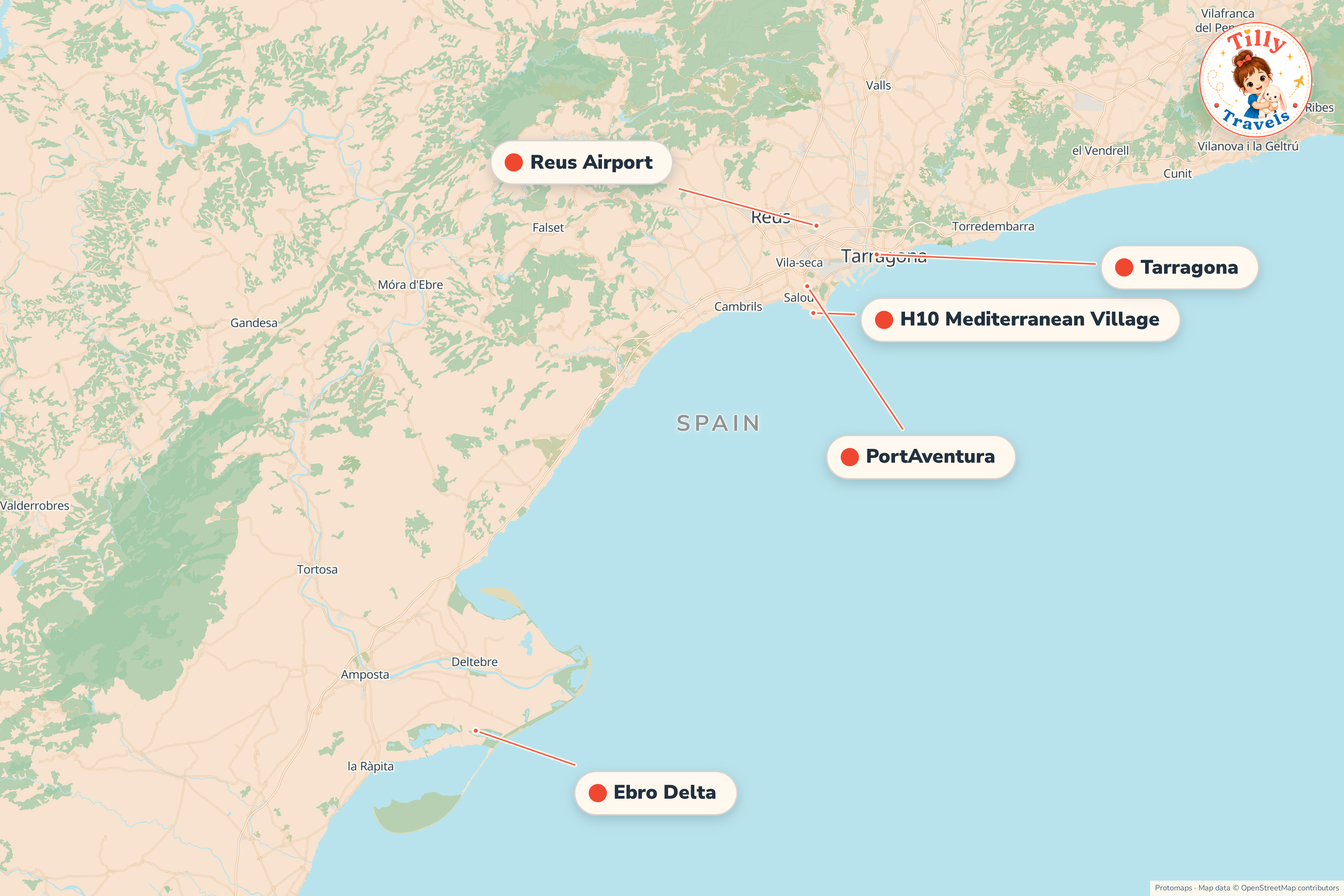 Map of the area around H10 Mediterranean Village, showing the resort, the nearest airport and the main family days out