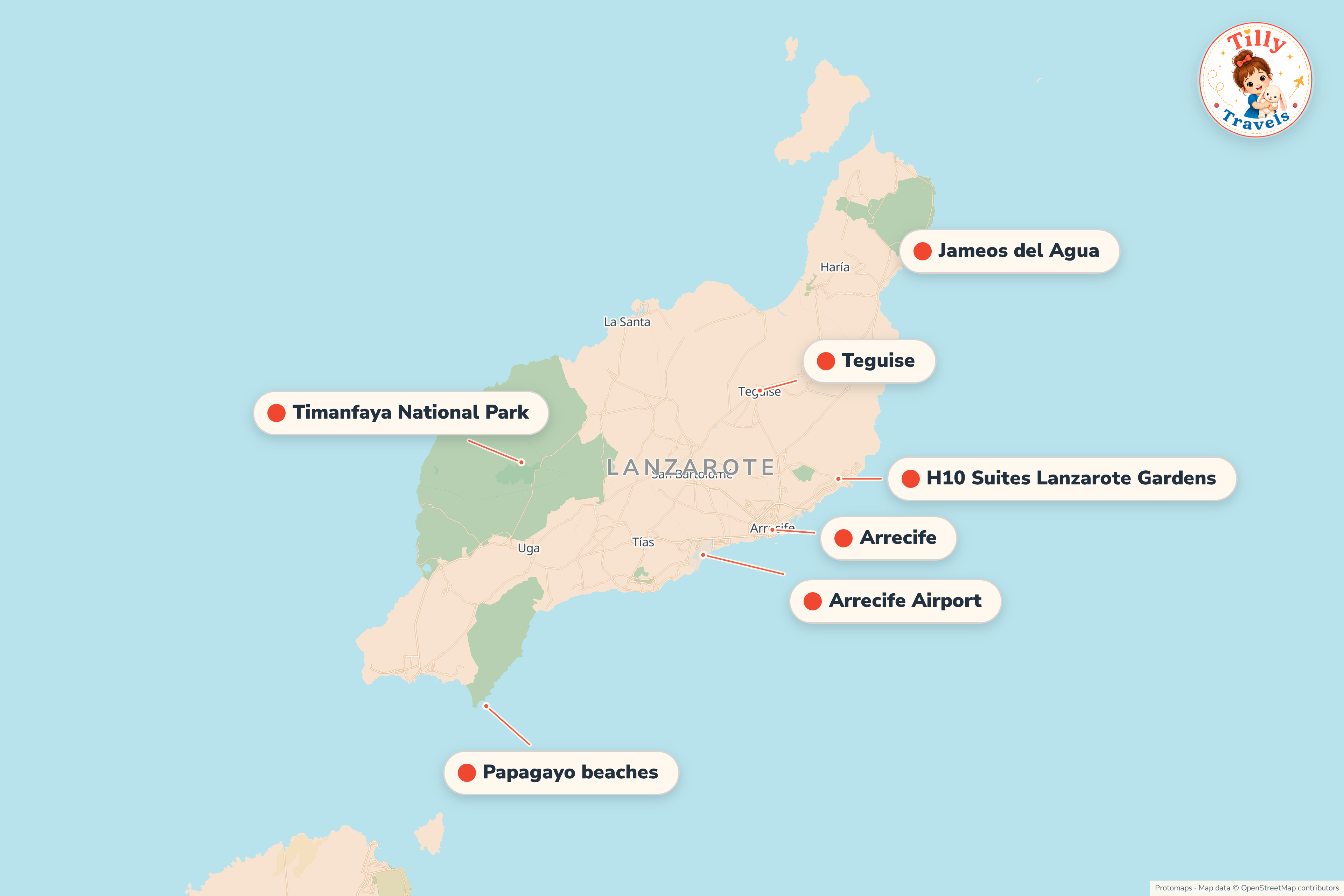 Map of the area around H10 Suites Lanzarote Gardens, showing the resort, the nearest airport and the main family days out