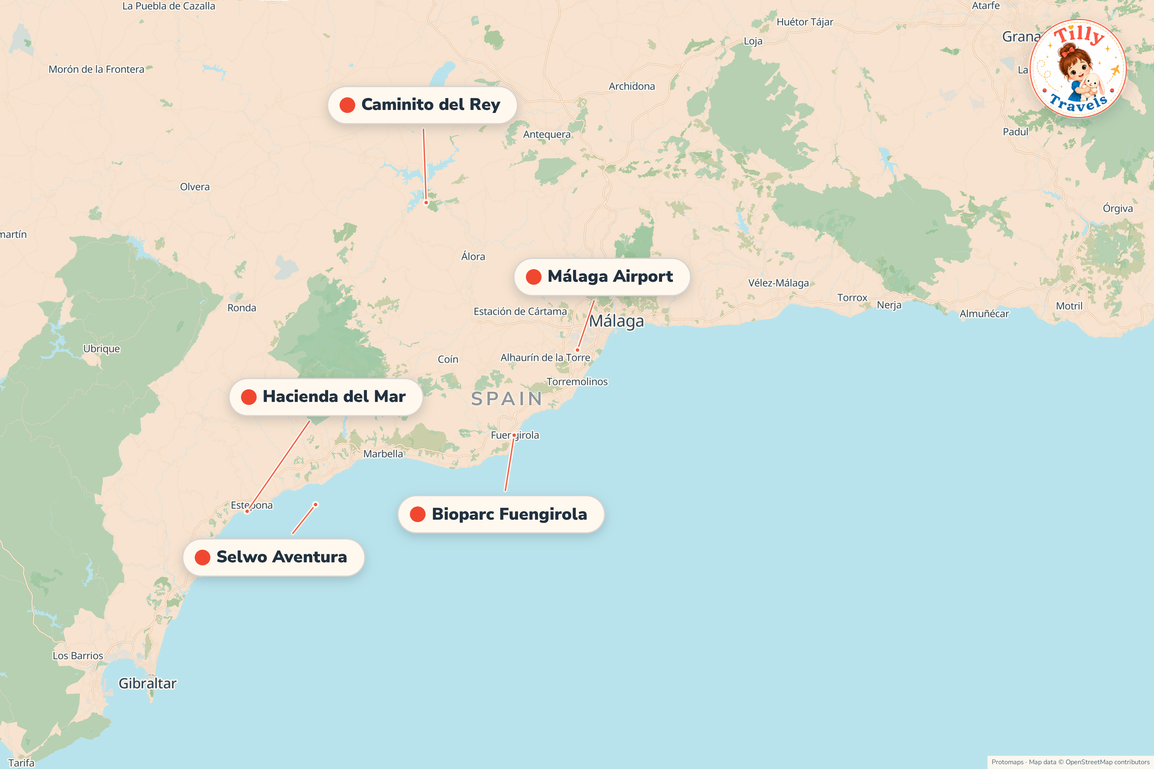 Map of the area around Hacienda del Mar, showing the resort, the nearest airport and the main family days out