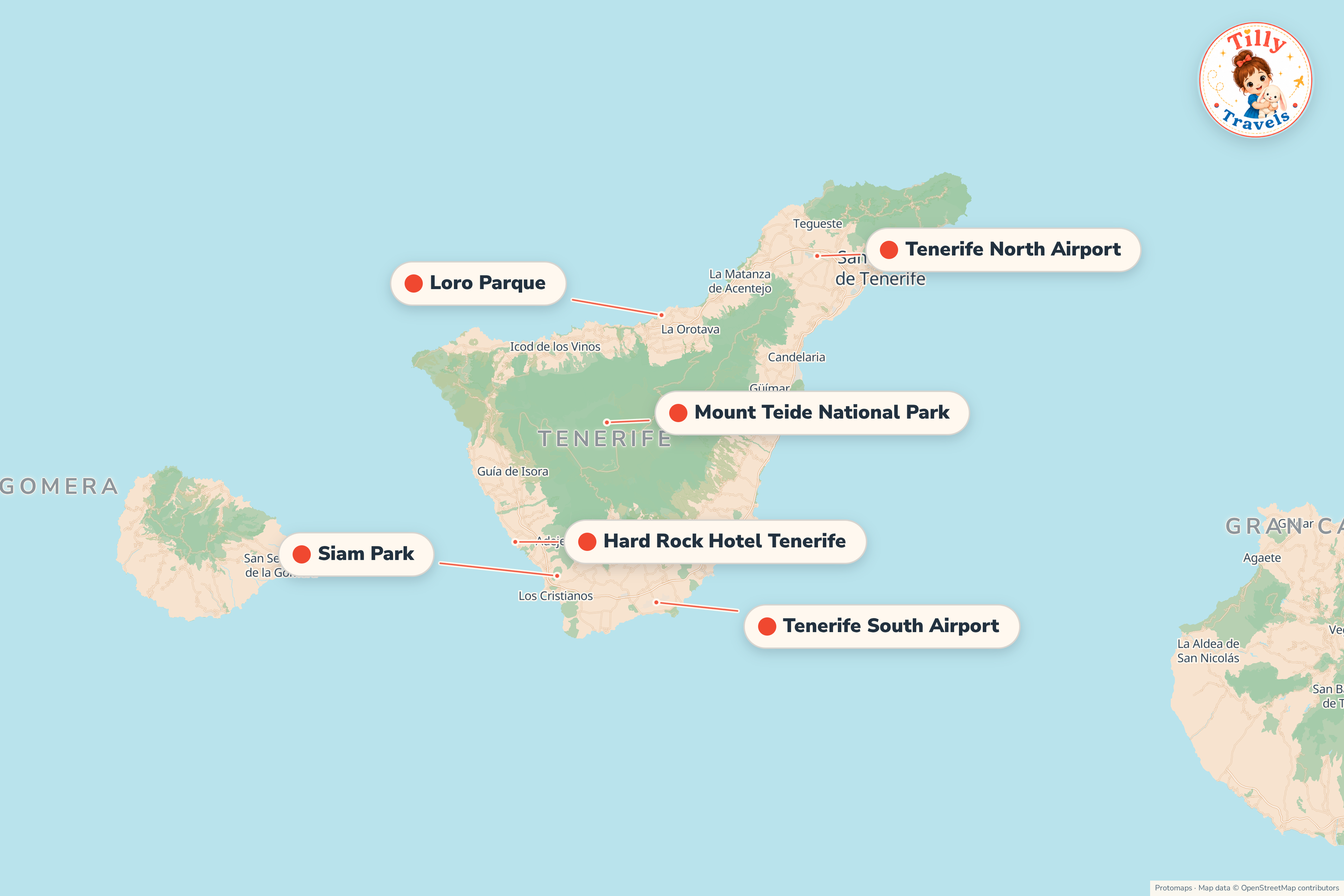 Map of the area around Hard Rock Hotel Tenerife, showing the resort, the nearest airport and the main family days out