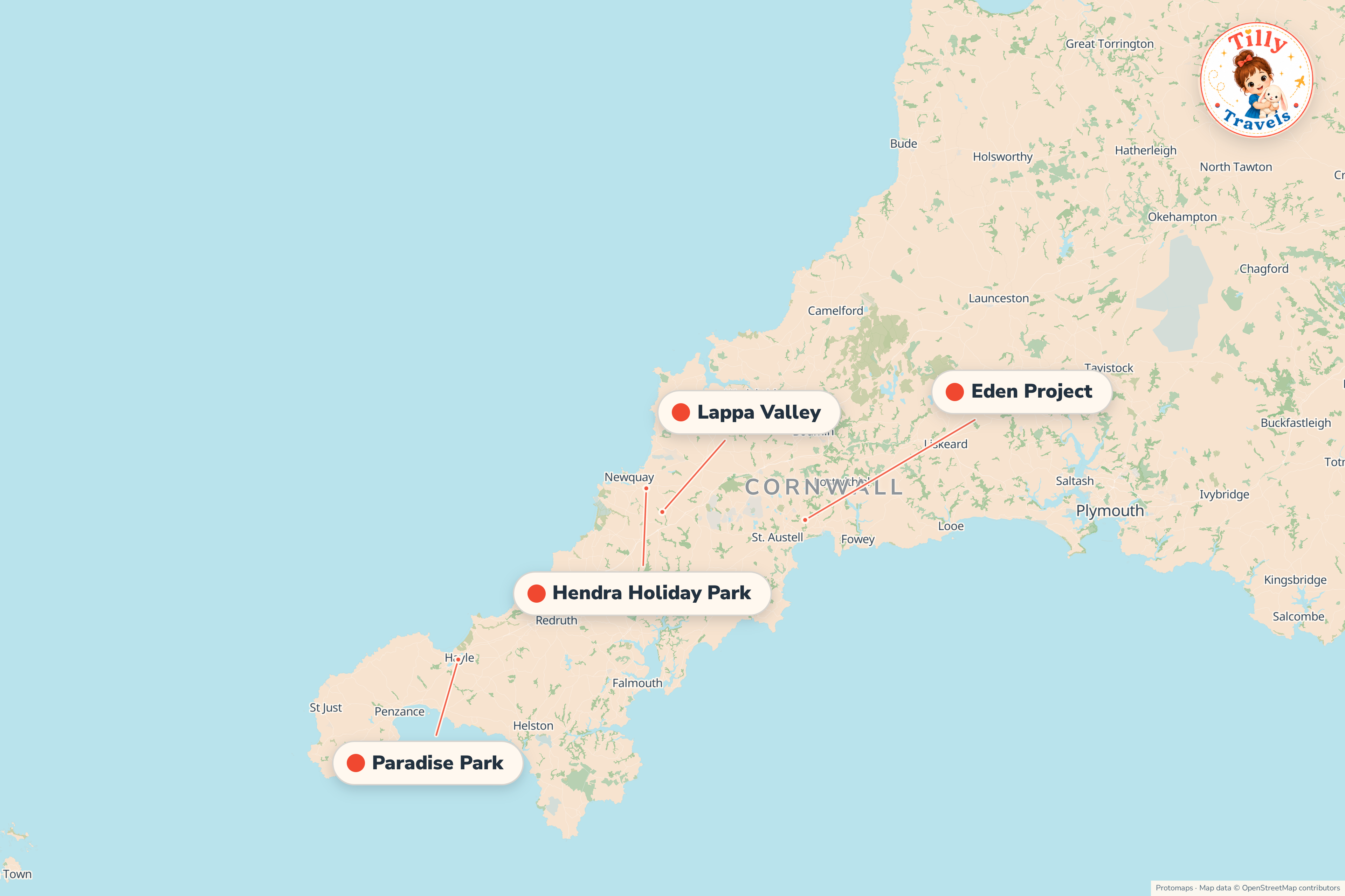 Map of the area around Hendra Holiday Park, showing the resort, the nearest airport and the main family days out