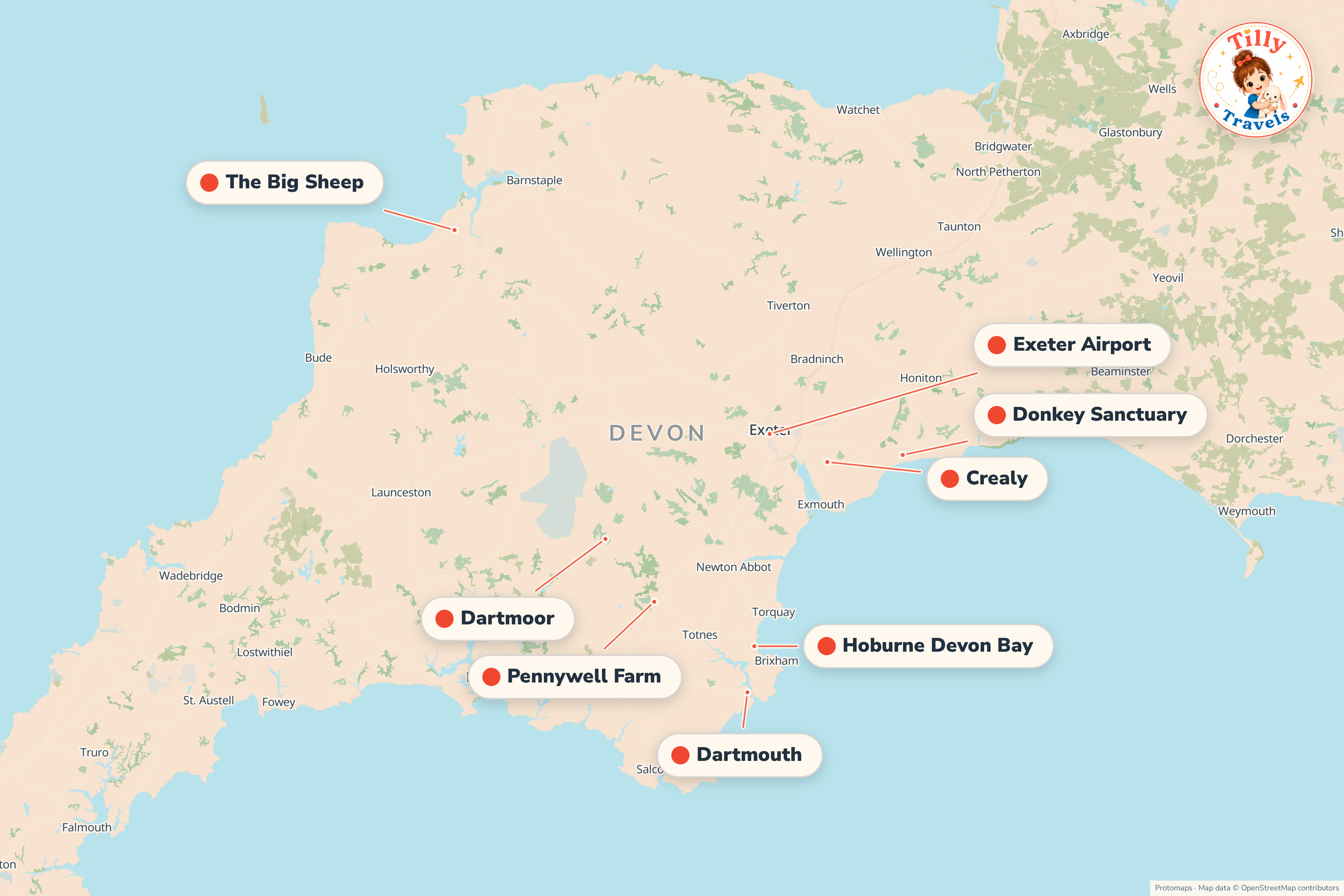 Map of the area around Hoburne Devon Bay, showing the resort, the nearest airport and the main family days out