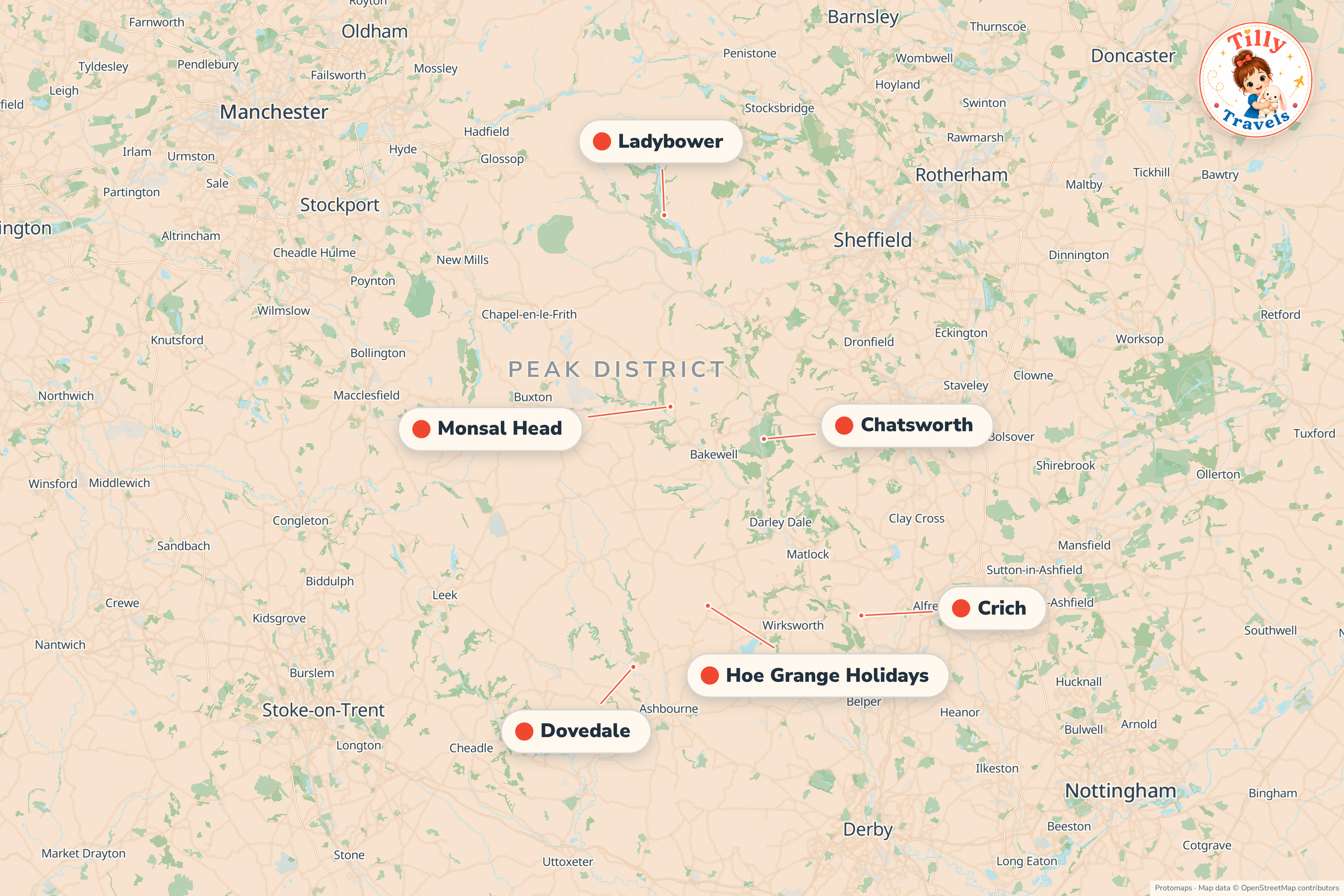 Map of the area around Hoe Grange Holidays, showing the resort, the nearest airport and the main family days out