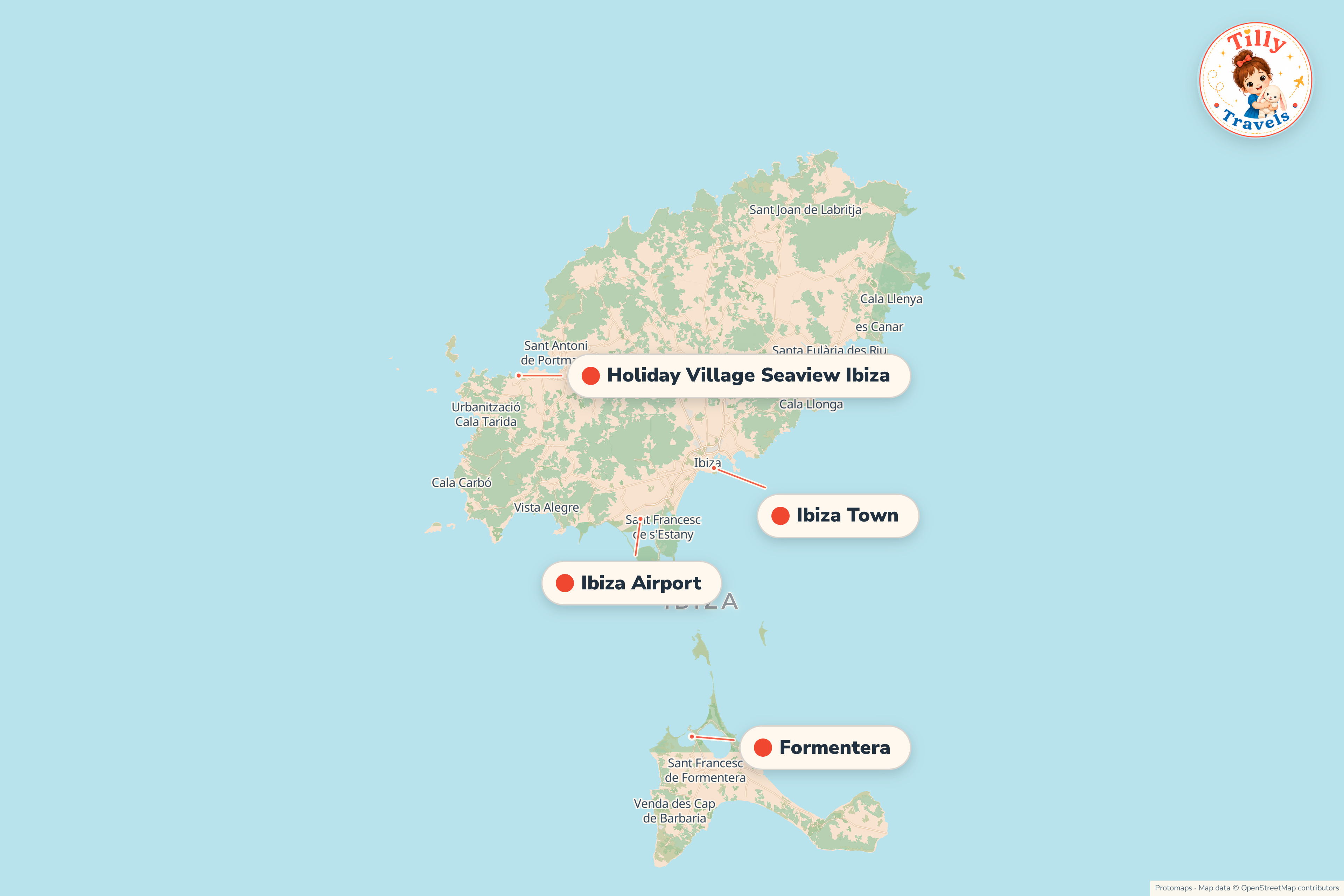Map of the area around Holiday Village Seaview Ibiza, showing the resort, the nearest airport and the main family days out