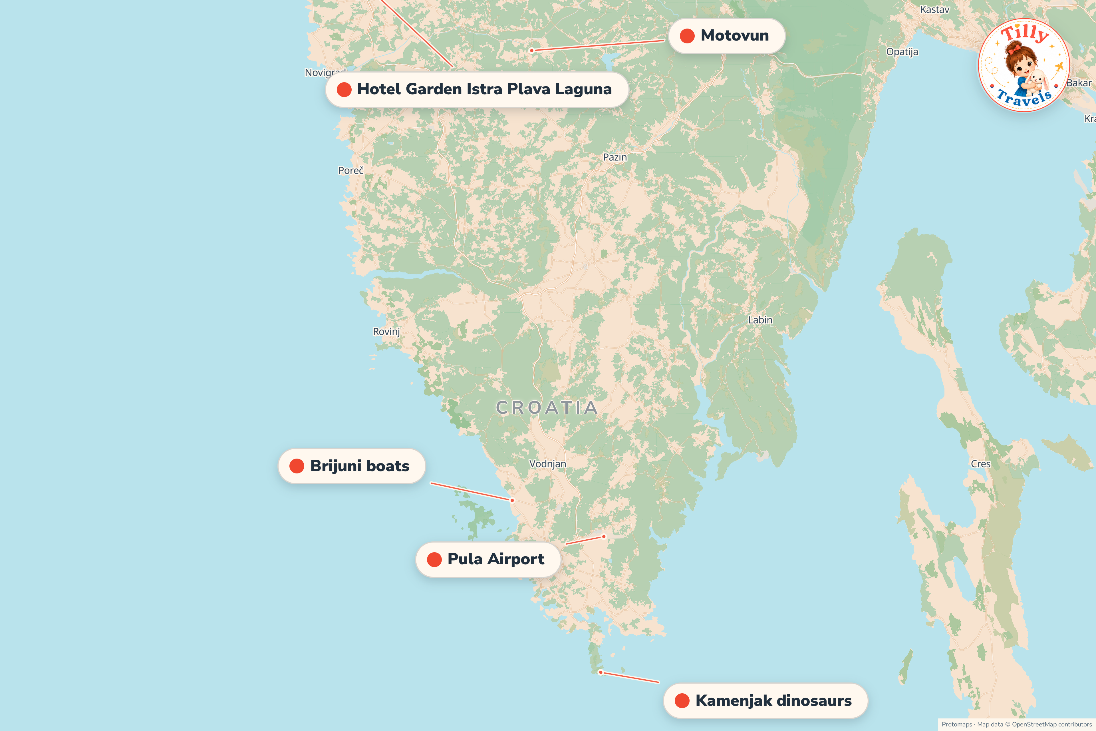 Map of the area around Hotel Garden Istra Plava Laguna, showing the resort, the nearest airport and the main family days out