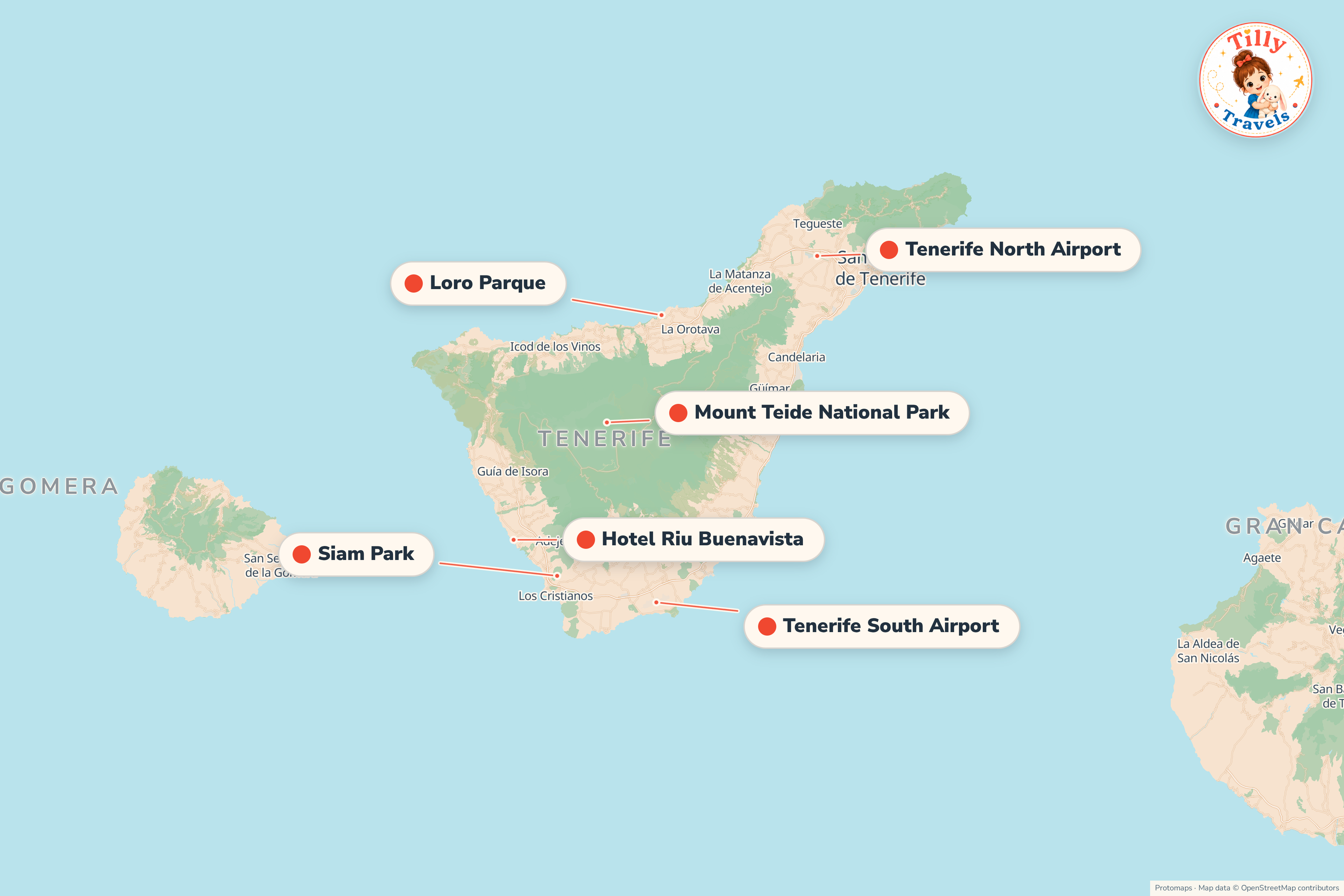 Map of the area around Hotel Riu Buenavista, showing the resort, the nearest airport and the main family days out