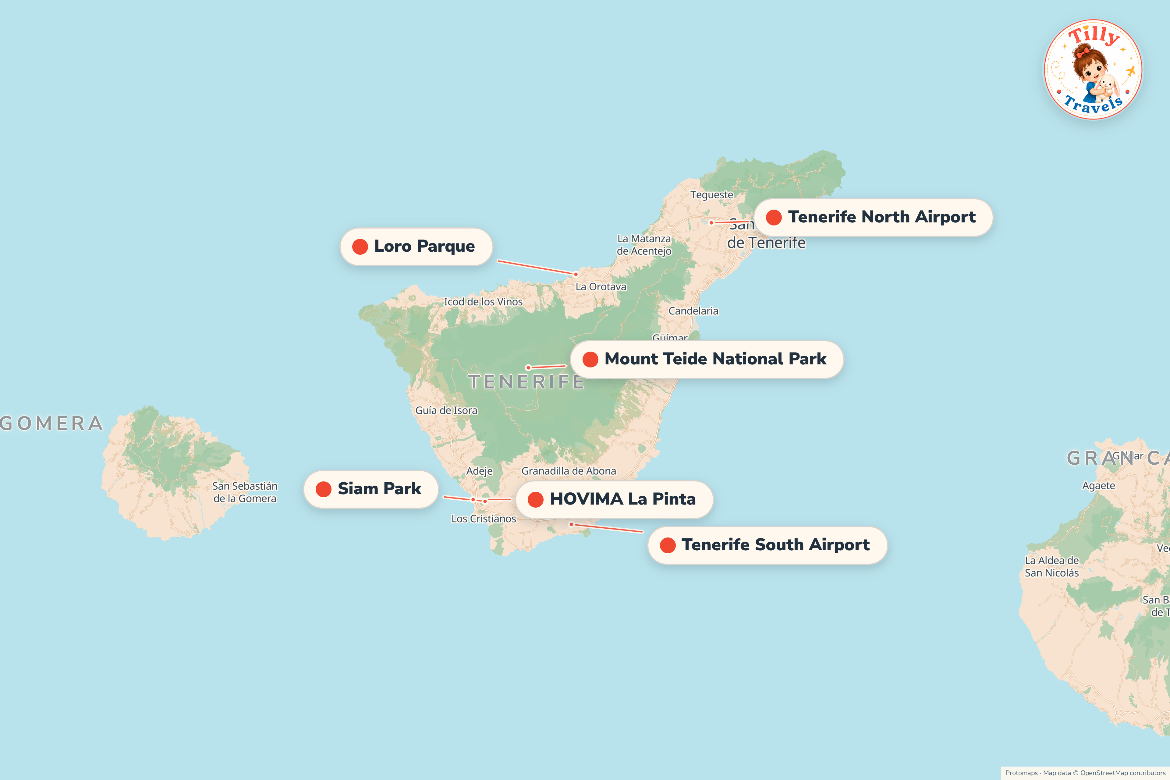 Map of the area around HOVIMA La Pinta, showing the resort, the nearest airport and the main family days out