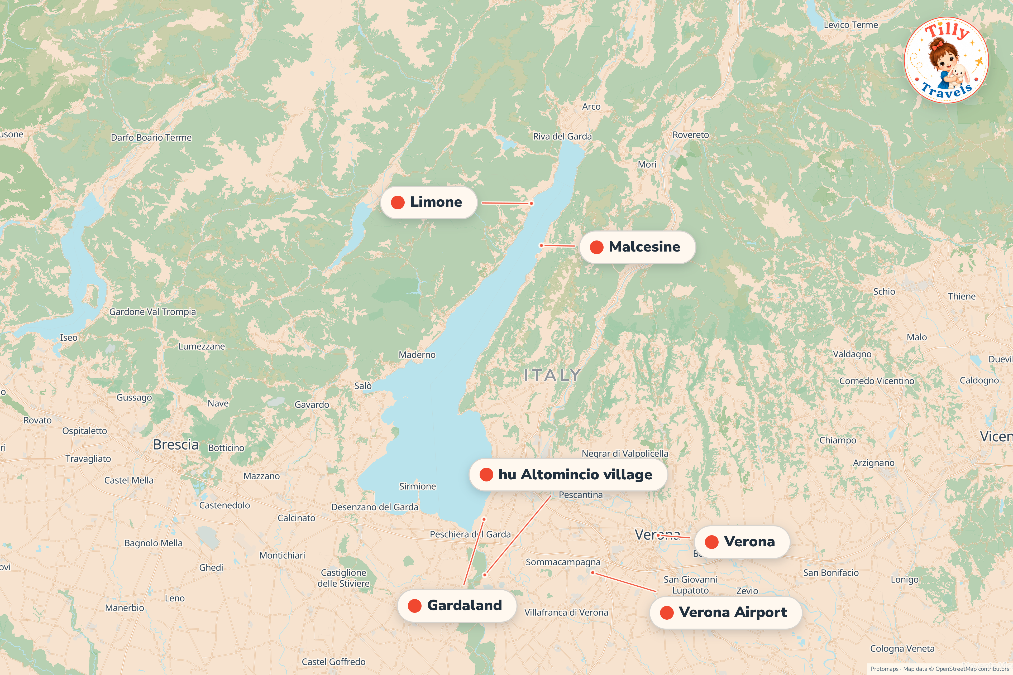 Map of the area around hu Altomincio village, showing the resort, the nearest airport and the main family days out