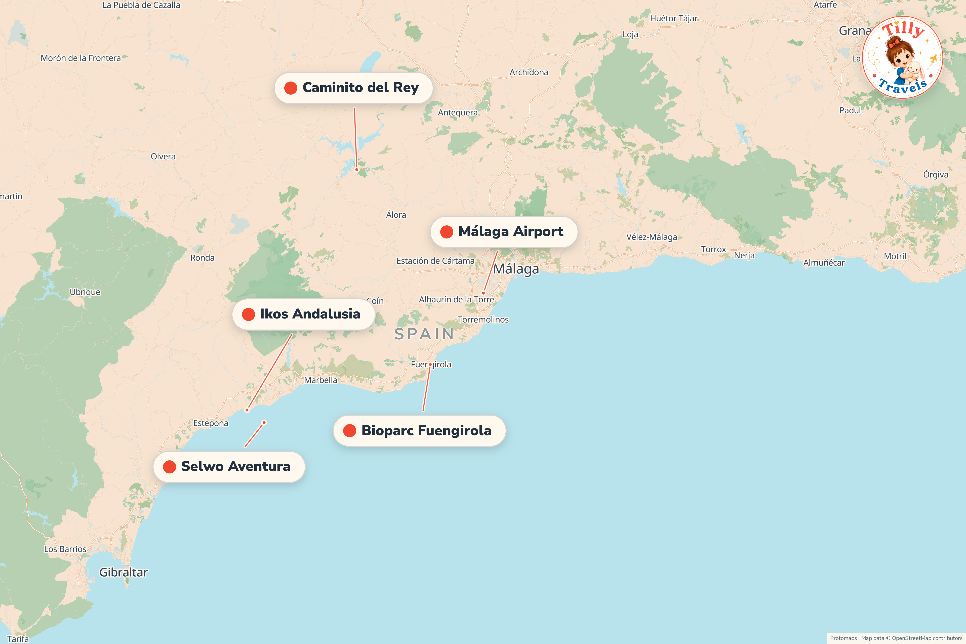 Map of the area around Ikos Andalusia, showing the resort, the nearest airport and the main family days out